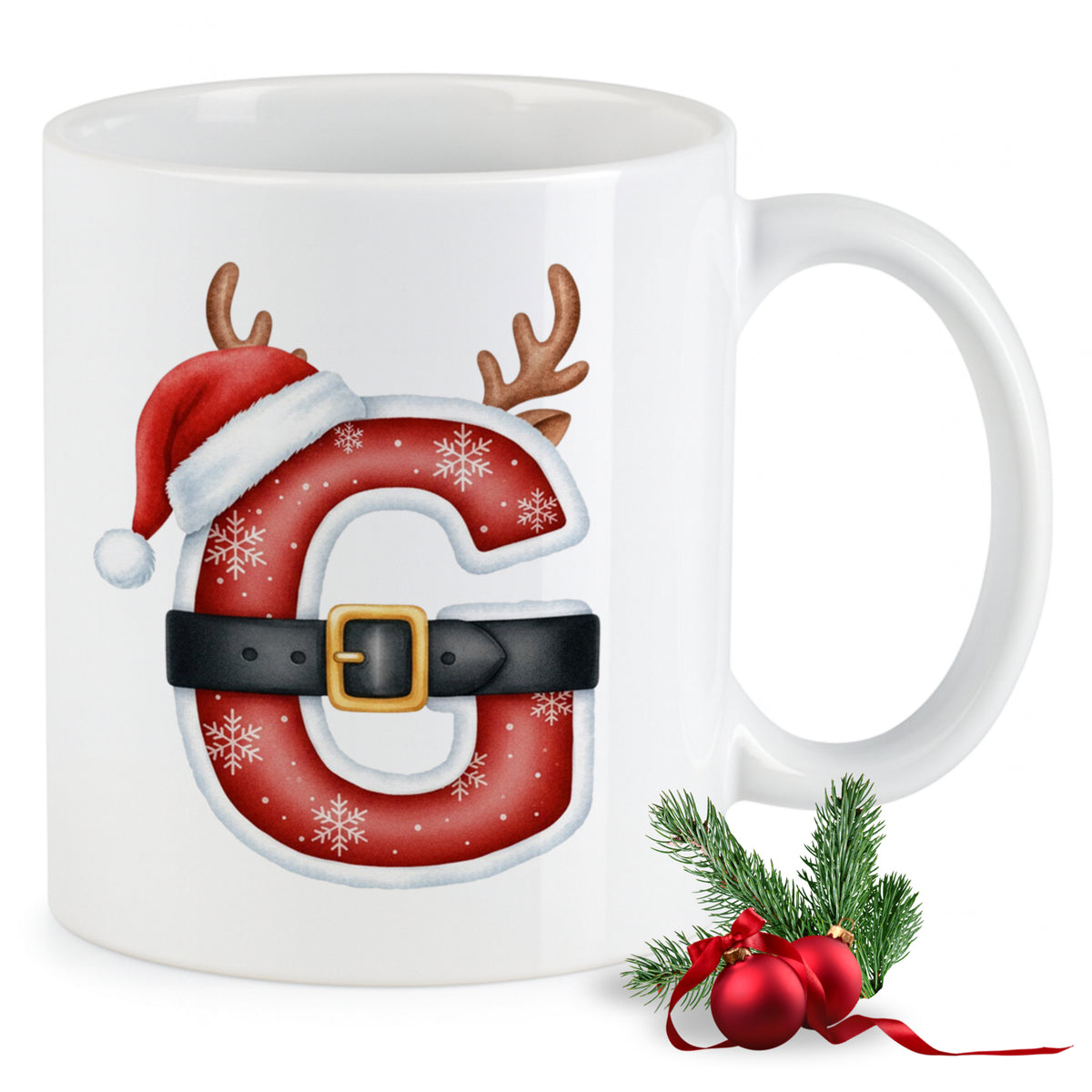 Weißer Becher mit rotem Weihnachtsmotiv und Buchstabe G.