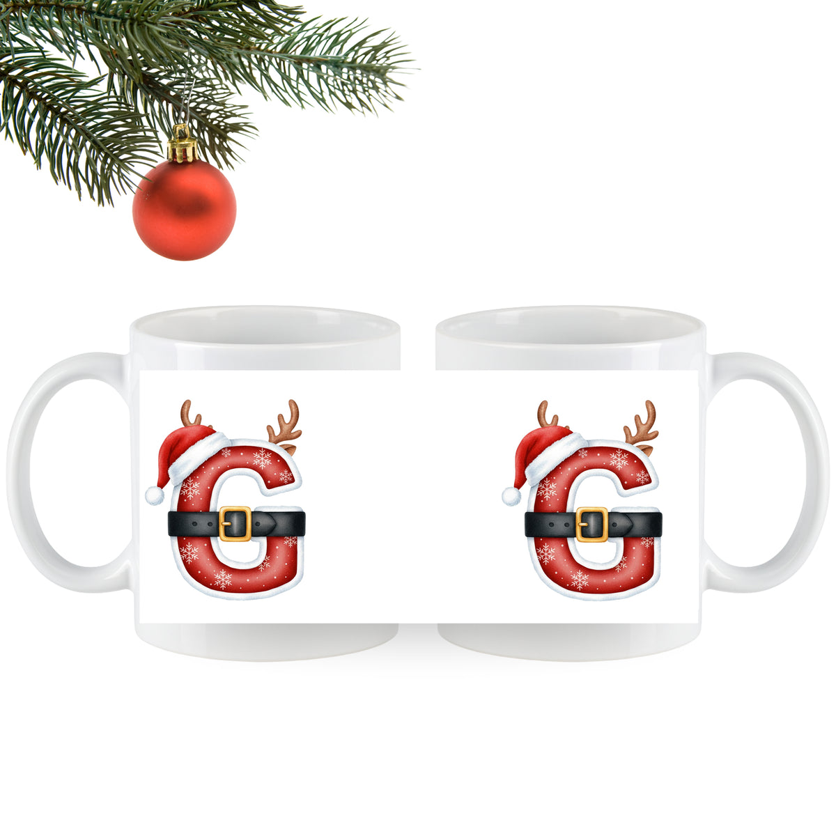 Weiße Tasse mit rotem Weihnachtsbuchstaben "G" und Rentierhörnern.