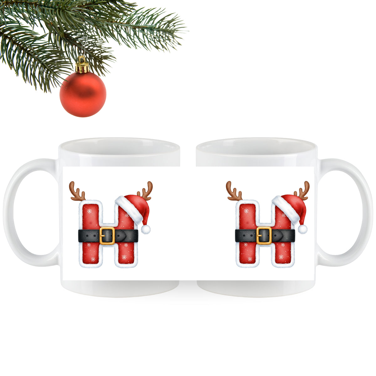 Weiße Tasse mit rotem Weihnachtsmotiv und Rentiergeweih.
