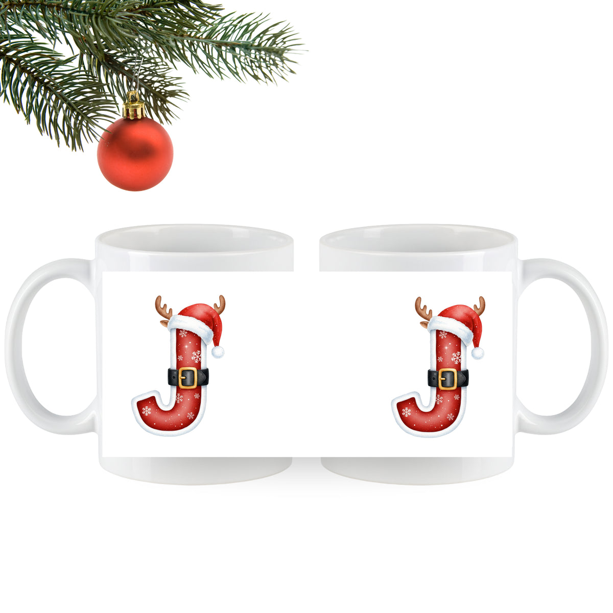 Weihnachtliche Tassen mit roten, rentierförmigen Buchstaben J.