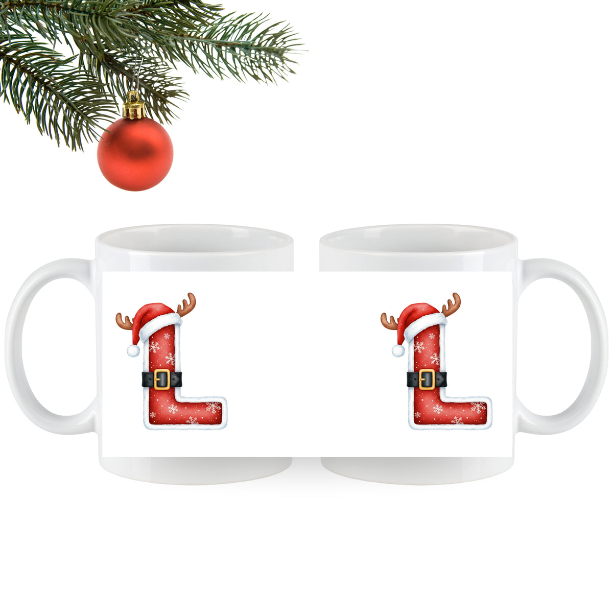 Rote Weihnachtsstiefel-Tasse mit Weihnachtsmannmütze und Rentiergeweih.