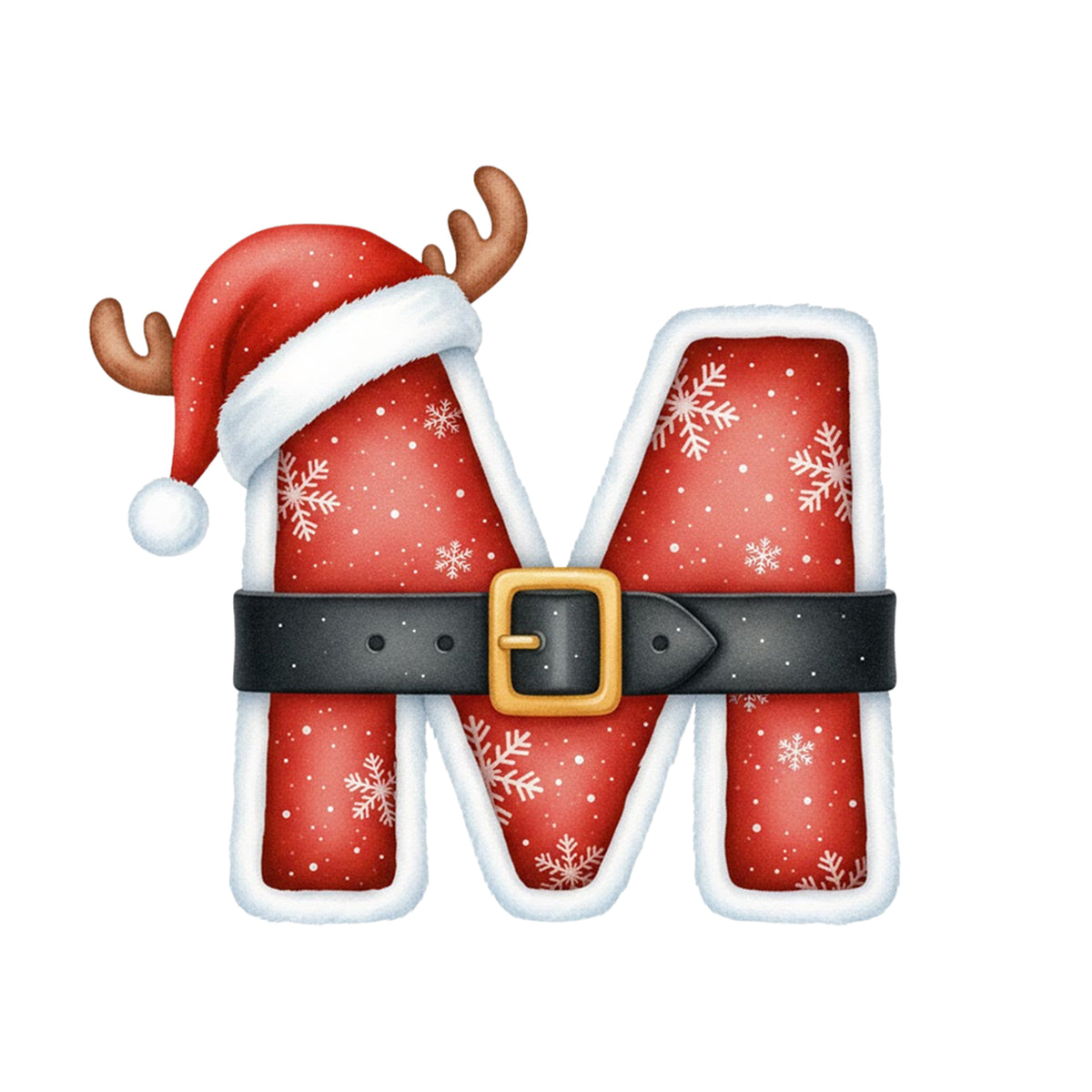 Weihnachtliches M mit rotem Design, Schneeflocken und Hut.
