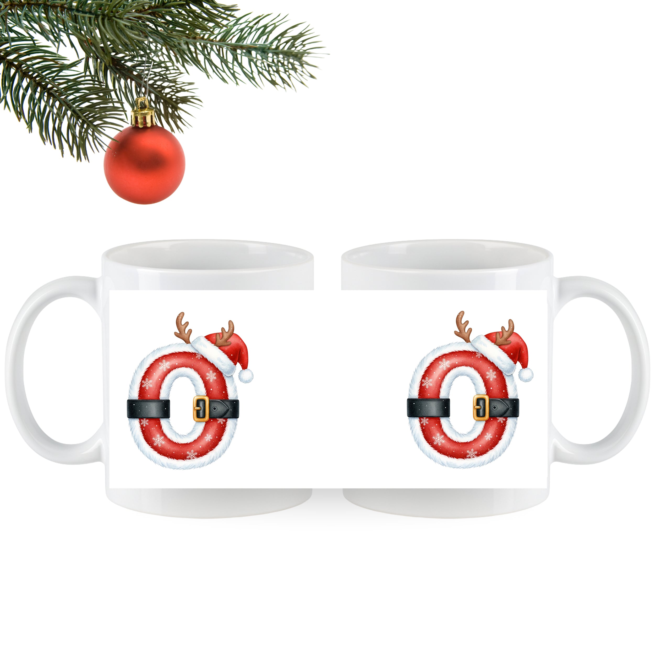 Weihnachtliche Tasse mit rotem Rettungsring und Santa-Hut.