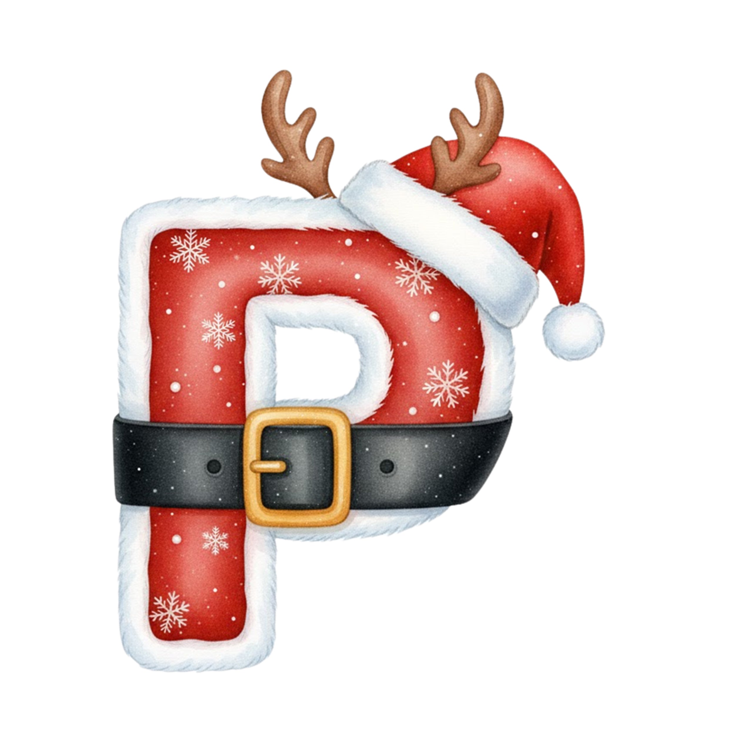 Weihnachtlicher Buchstabe P in Rot mit Schneeflocken.