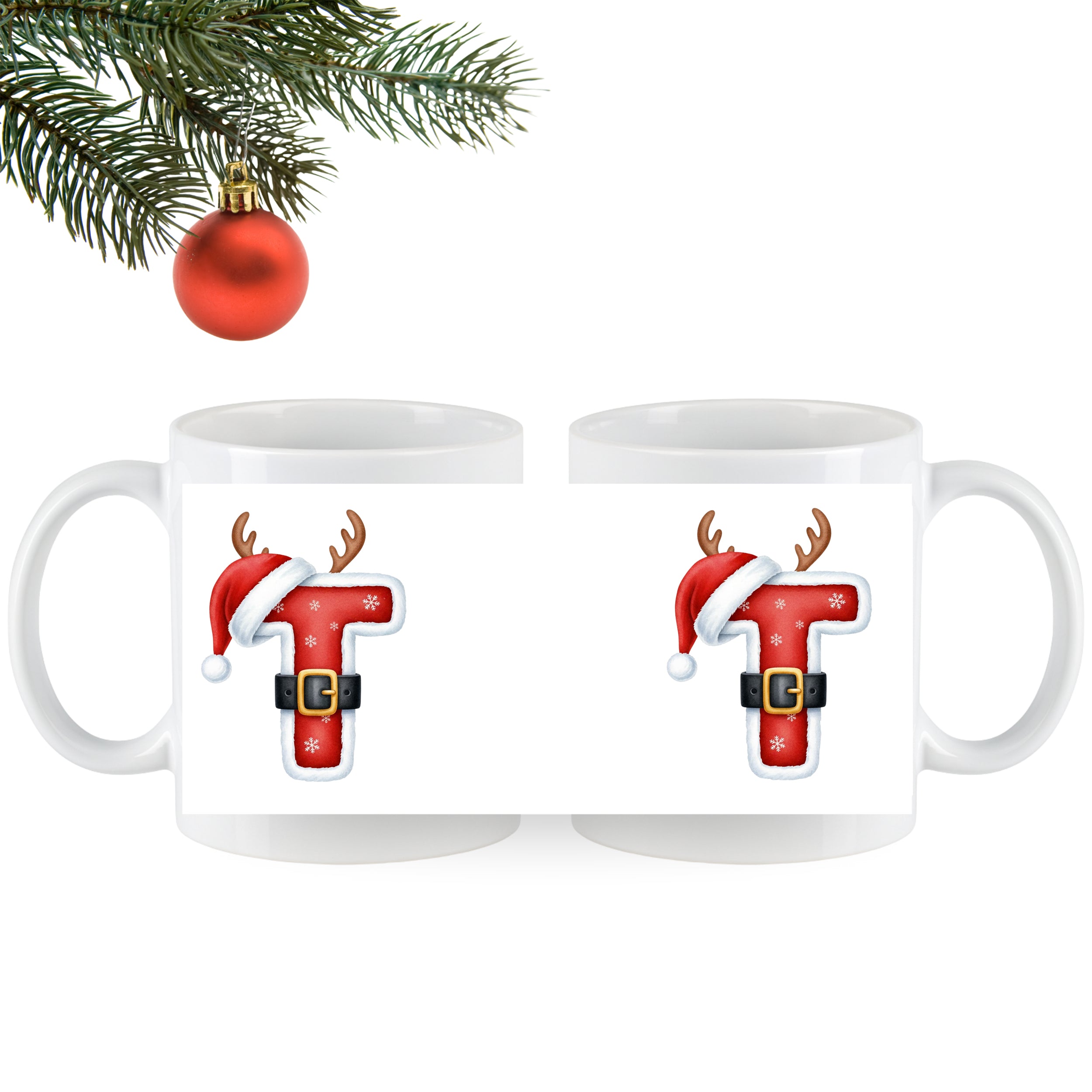 Weihnachtliche Tassen mit rotem "T", Rentiergeweih und Mütze.