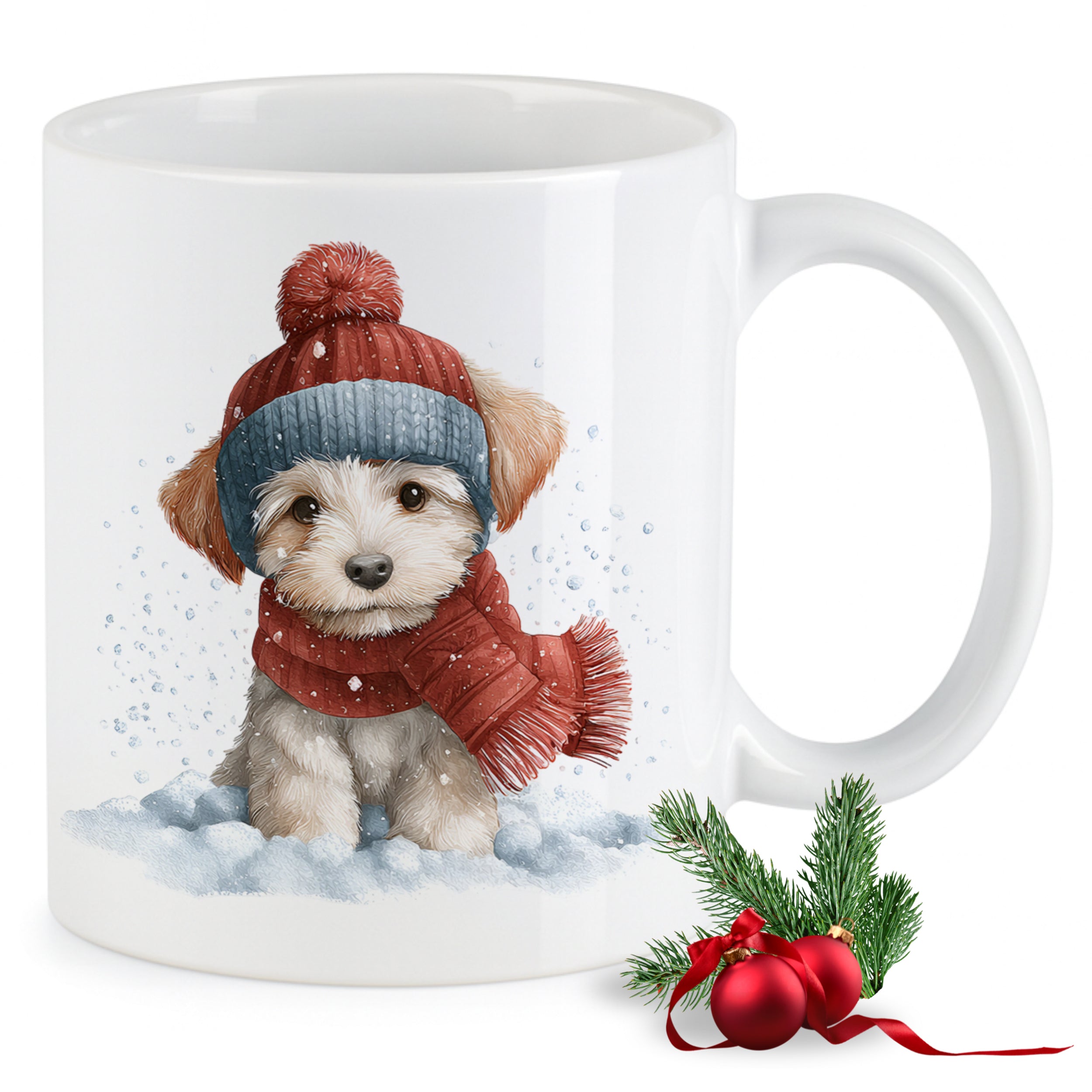 Tasse mit niedlichem Hund im Winteroutfit, rot und blau.
