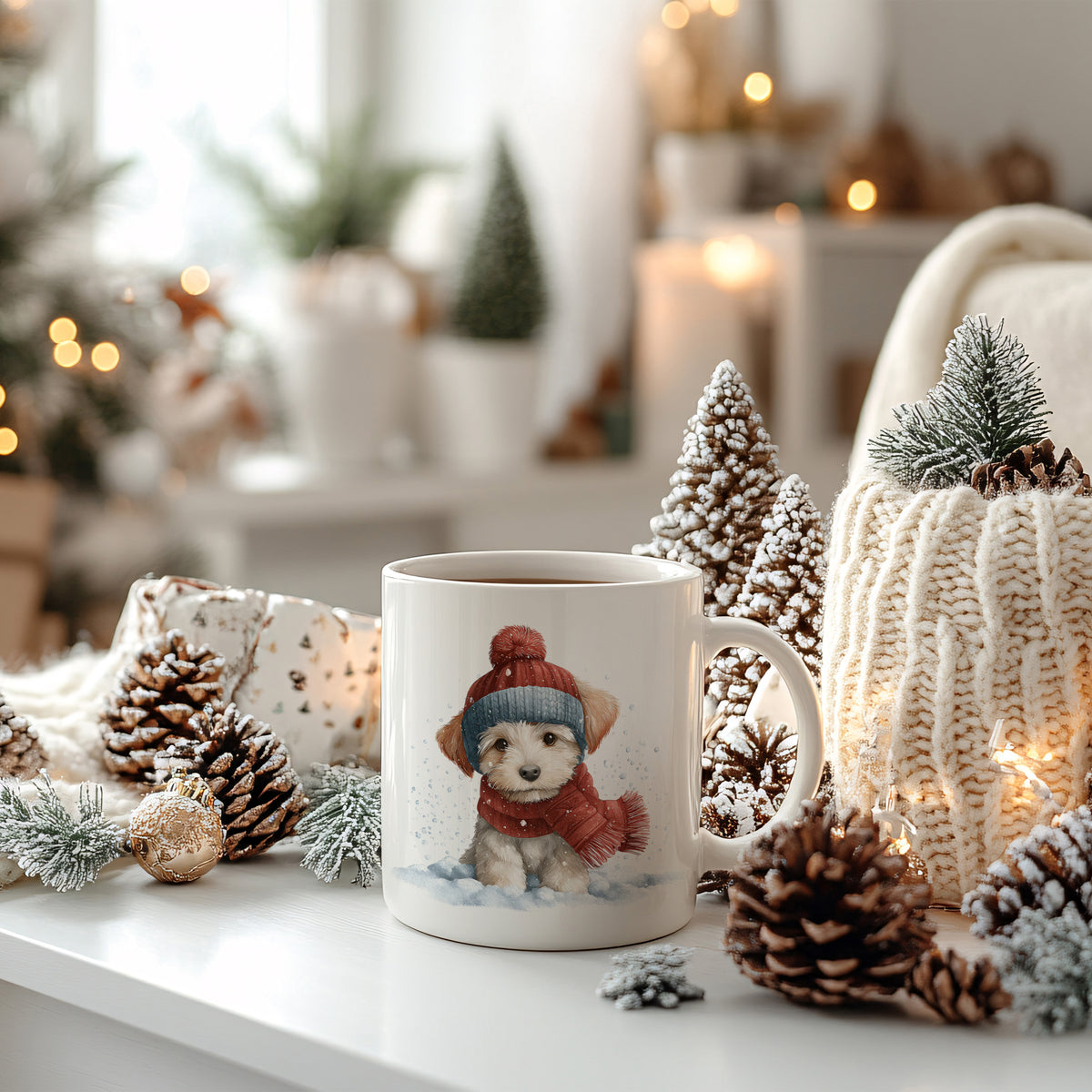 Tasse mit Hundemotiv, winterlich dekoriert, warme Farben.