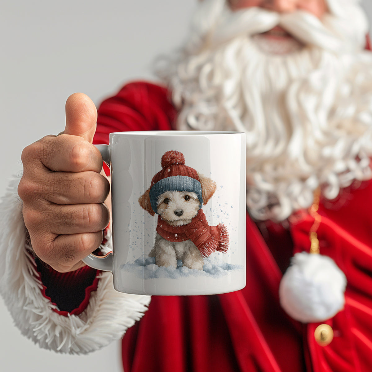Tasse mit einem Welpen in Winterkleidung.