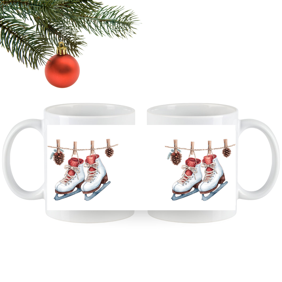 Weißer Becher mit Eishockeyschlittschuhen und Weihnachtsdekor.