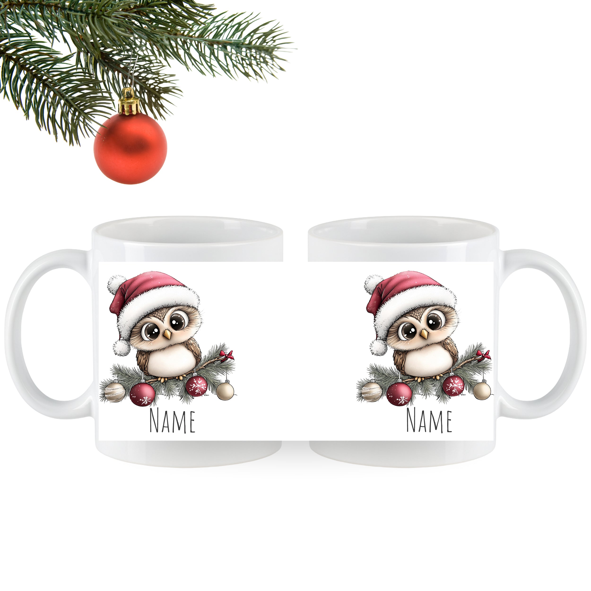Weiße Tasse mit Weihnachts-Eule und rotem Hut.