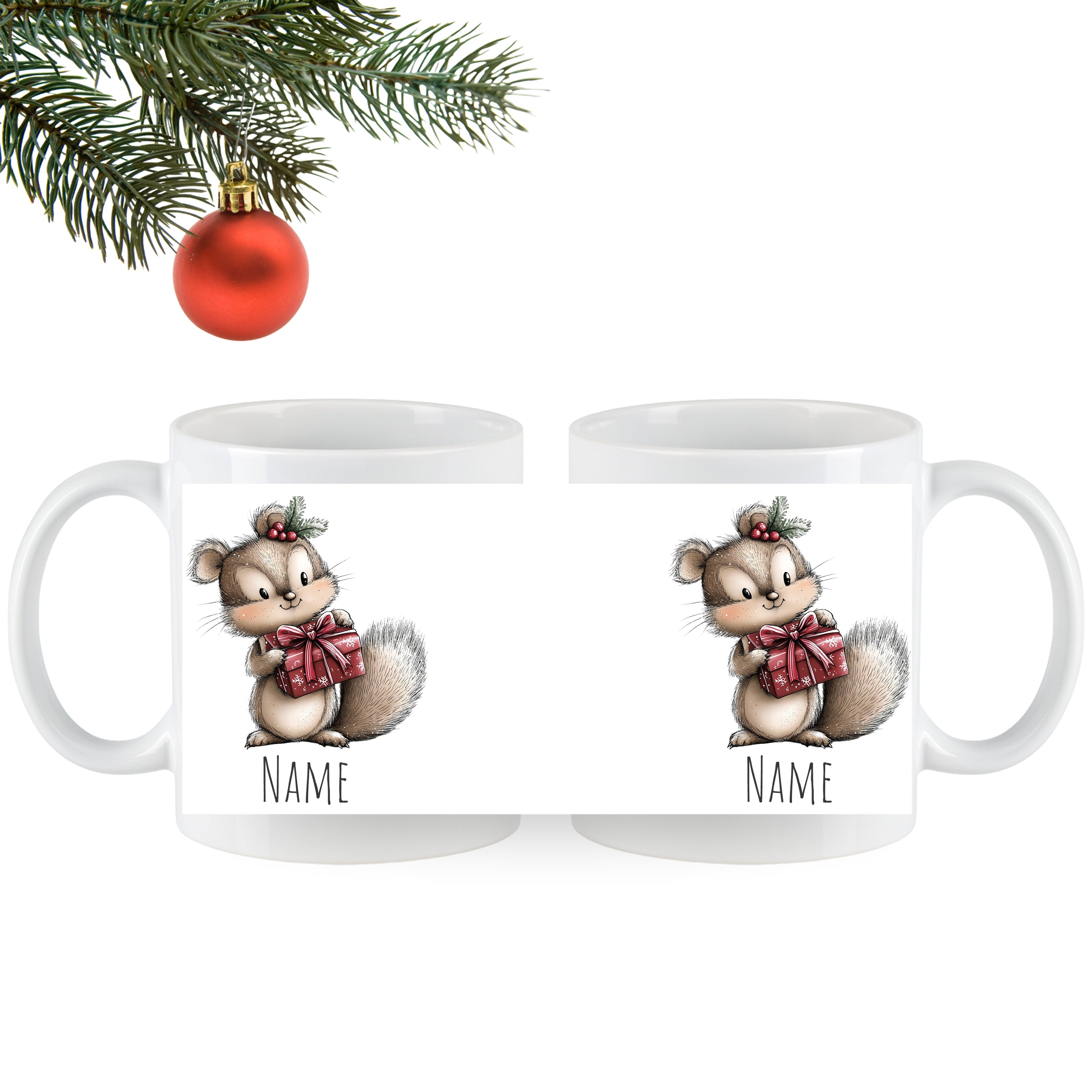 Tassen mit niedlichem Eichhörnchen und Geschenk, weiß.