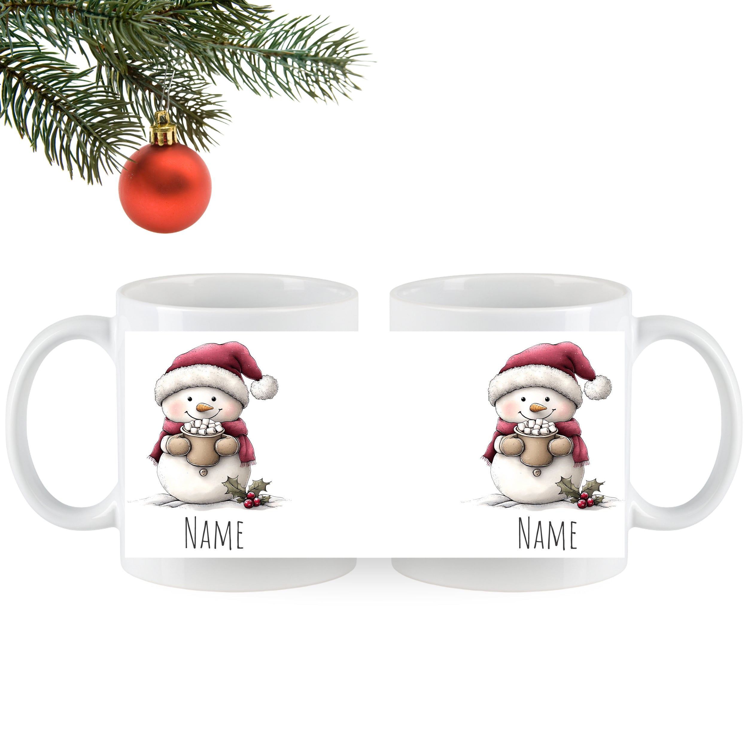 Weiße Tasse mit Schneemann-Design und Weihnachtsmütze.