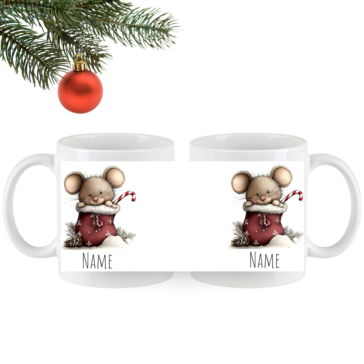 Tasse mit niedlicher Maus, rot und personalisierbar.