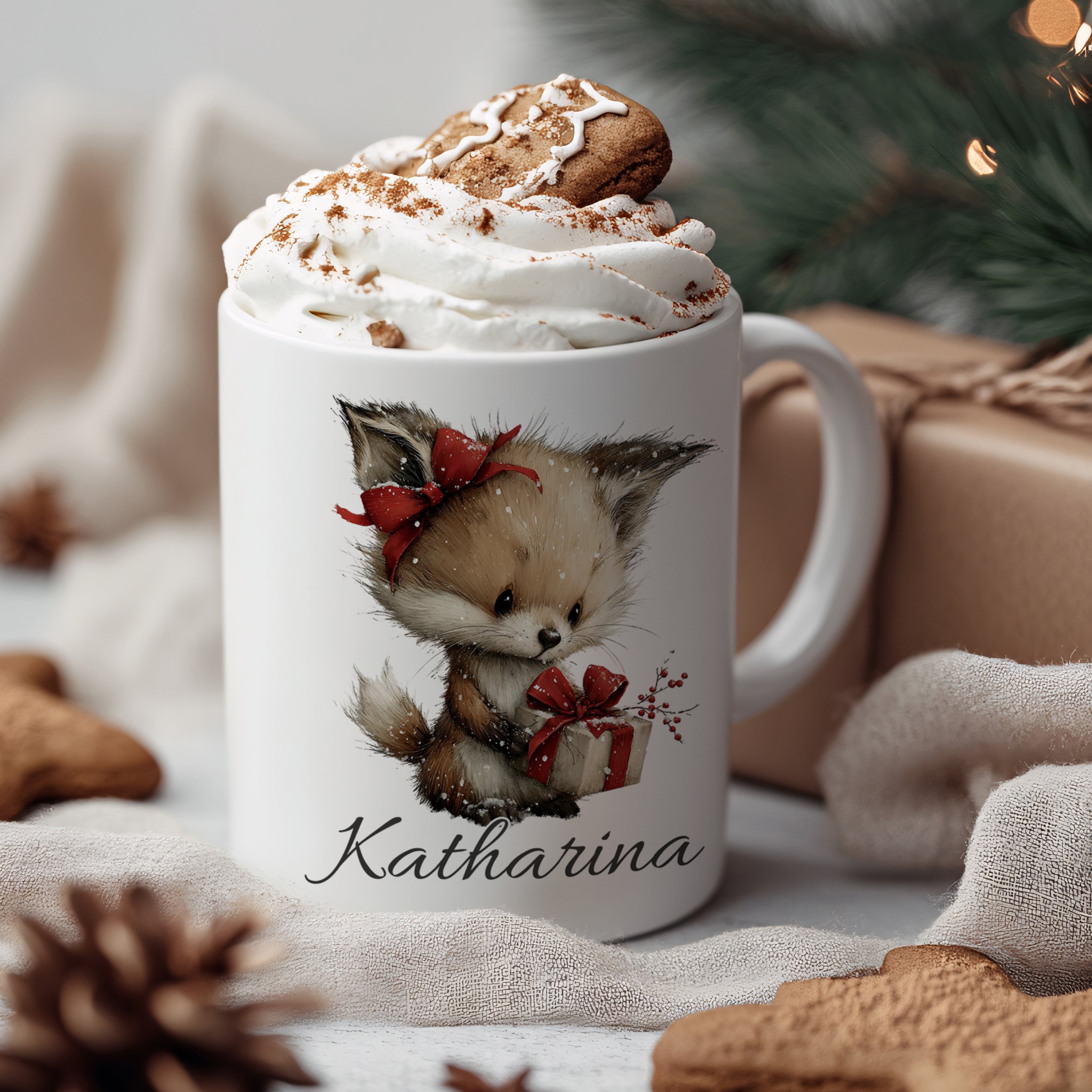 Tasse mit niedlichem Tiermotiv, weiß, personalisiert mit "Katharina".