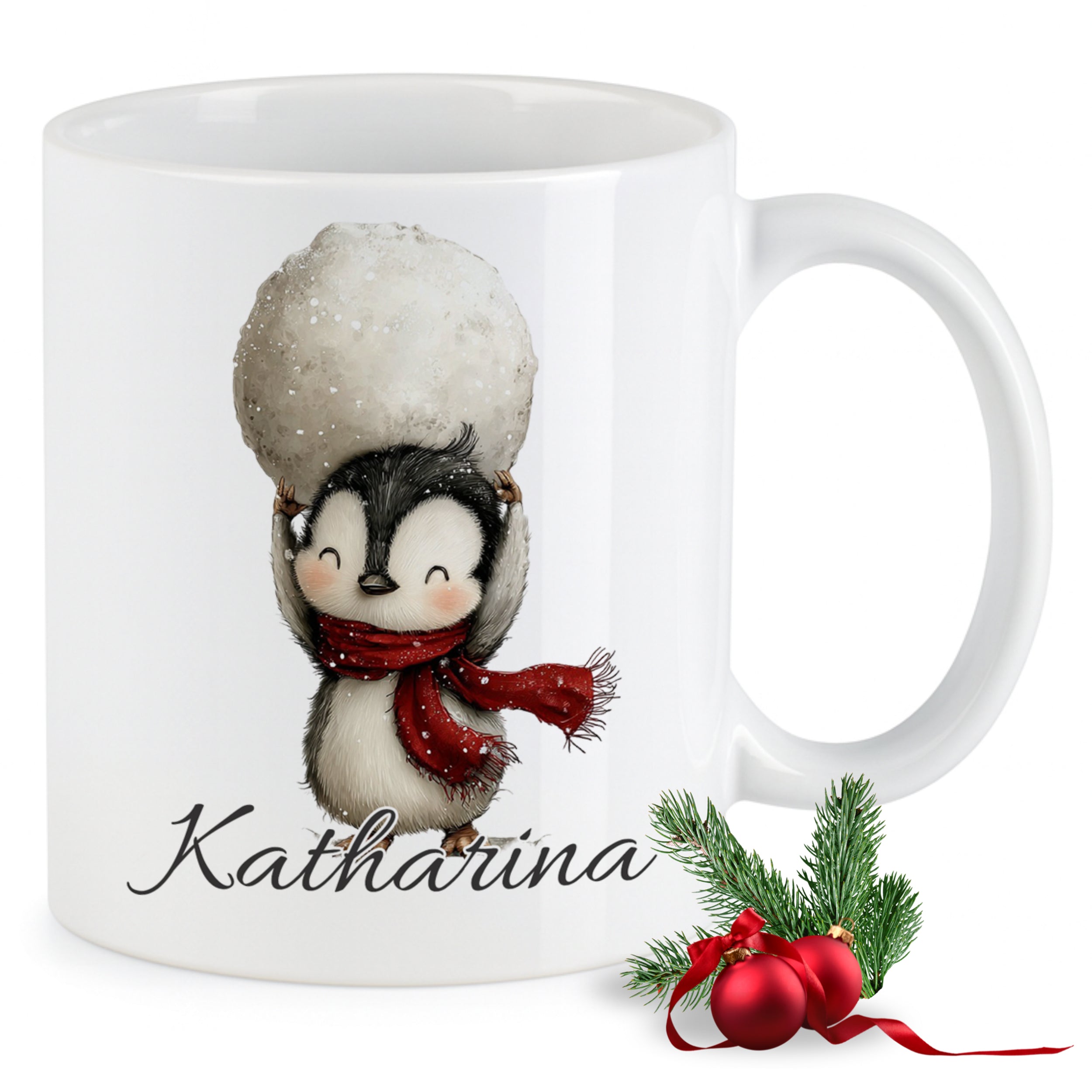 Weißer Becher mit Pinguin und rotem Schal, personalisiert.