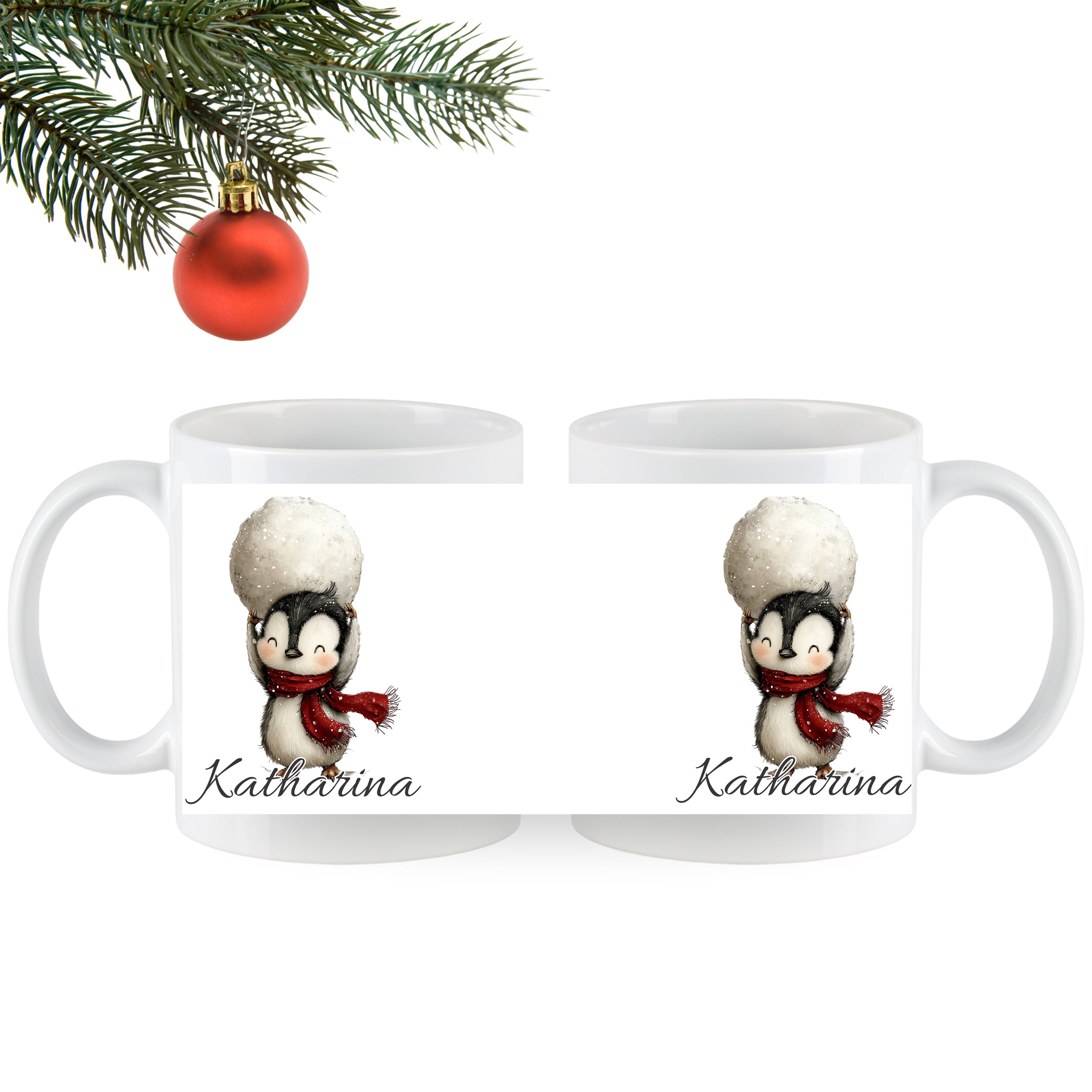 Weiße Tasse mit Pinguin-Motiv und rotem Schal.
