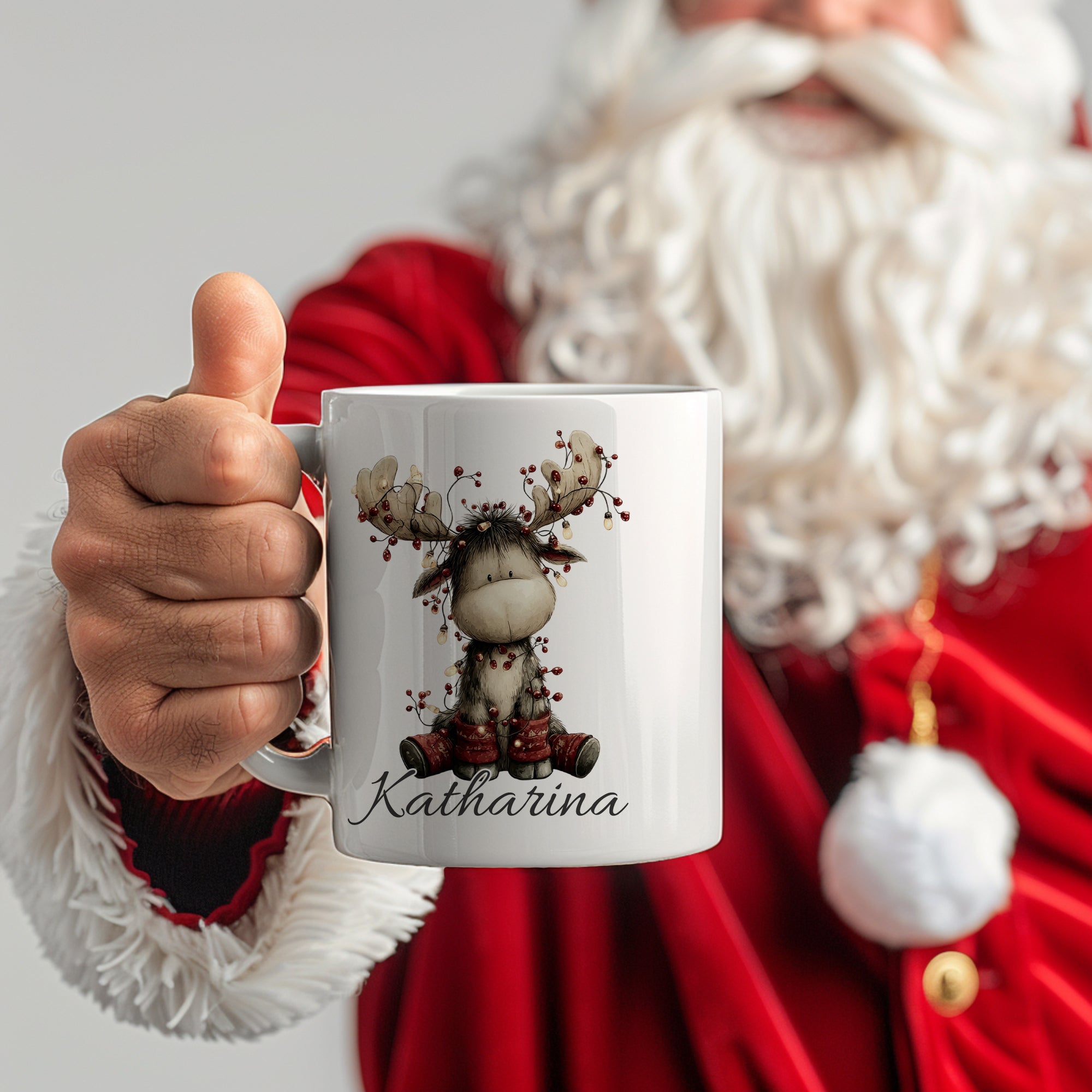 Tasse mit Rentier-Motiv und dem Namen Katharina.