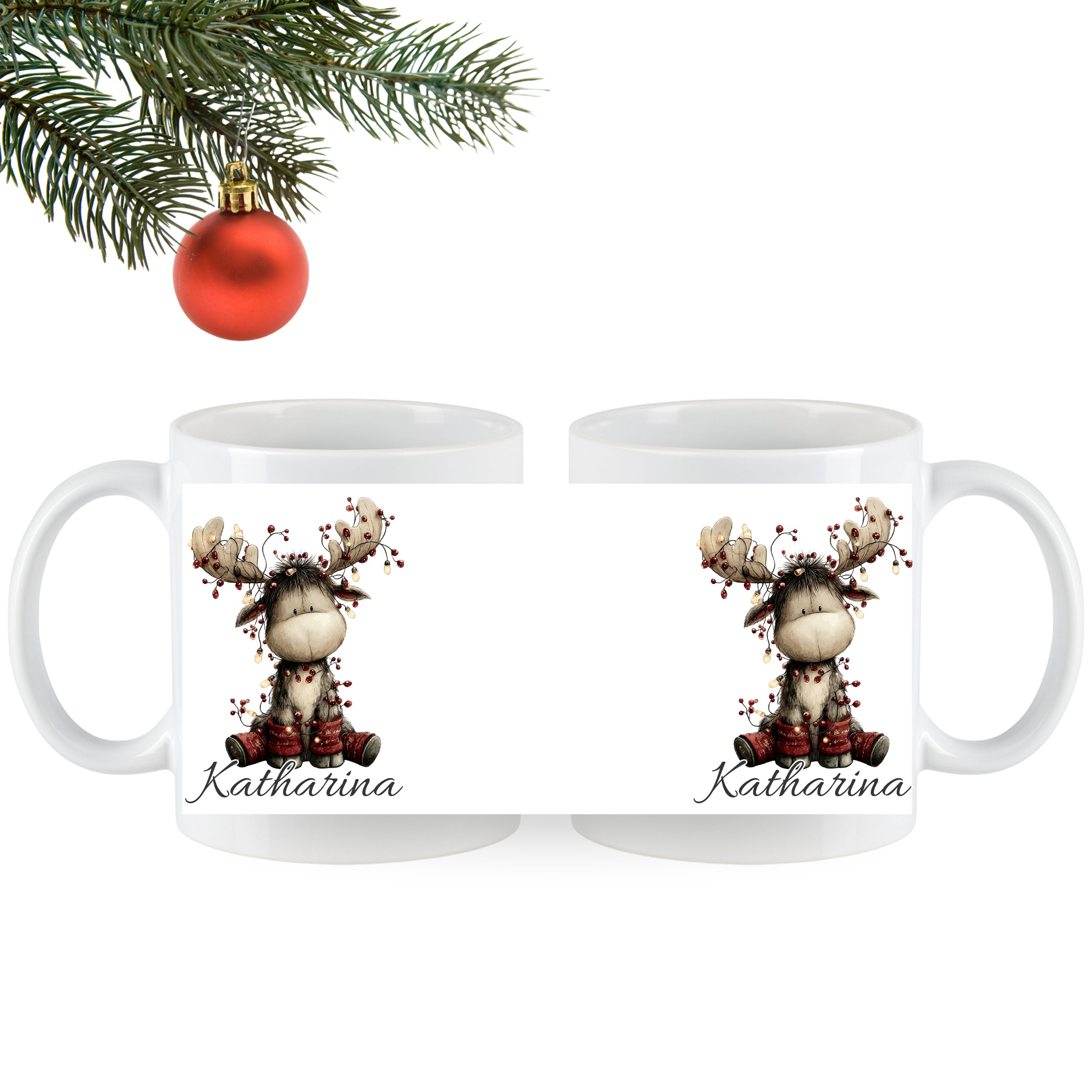 Weiße Tasse mit Rentier-Motiv und dem Namen Katharina.