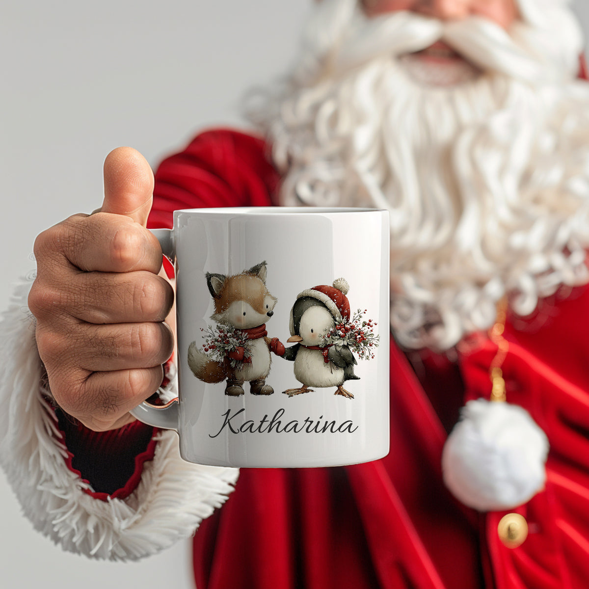 Tasse mit Fuchs und Pinguin, personalisiert mit "Katharina".