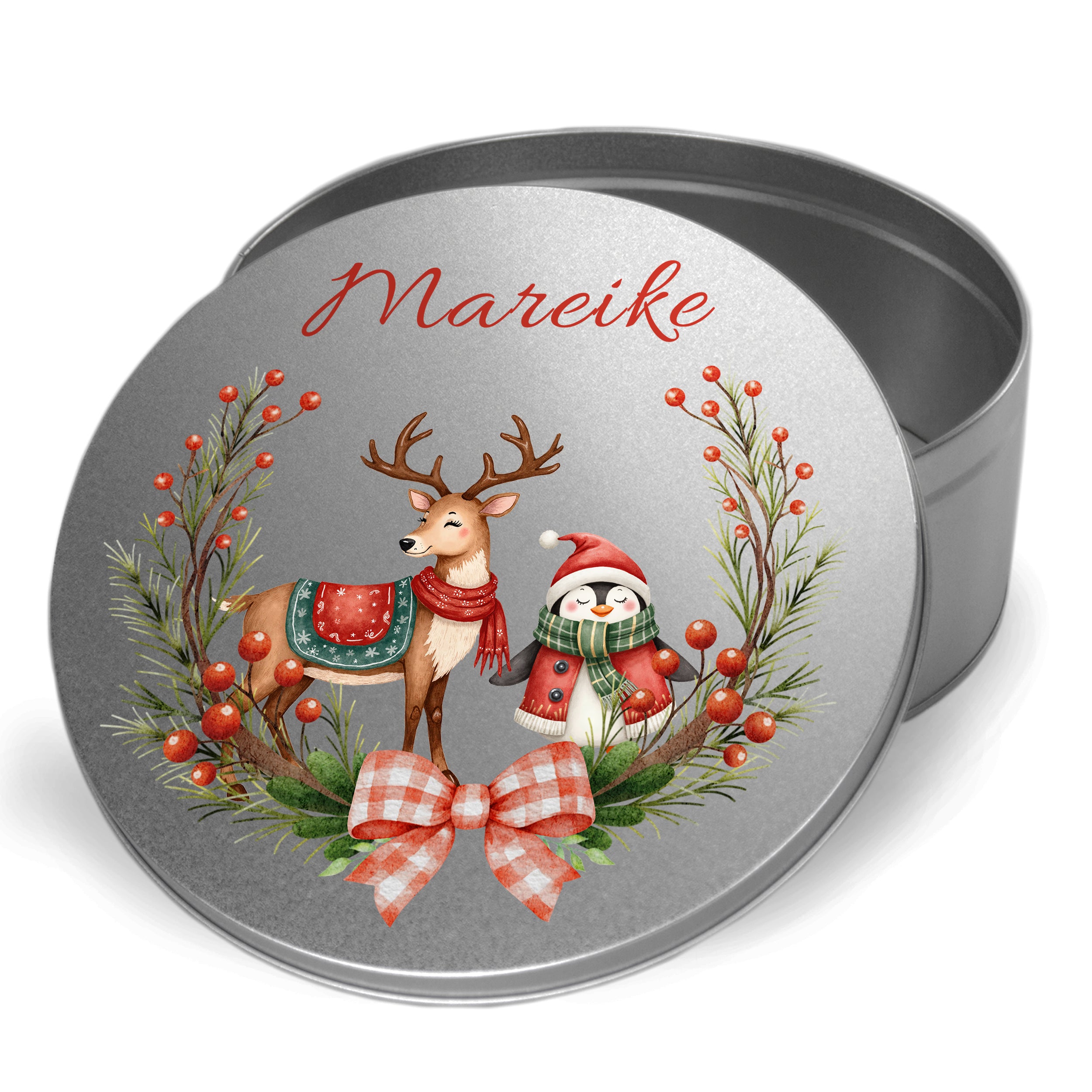 Graue Metalldose mit Rentier und Schneemann, personalisiert.