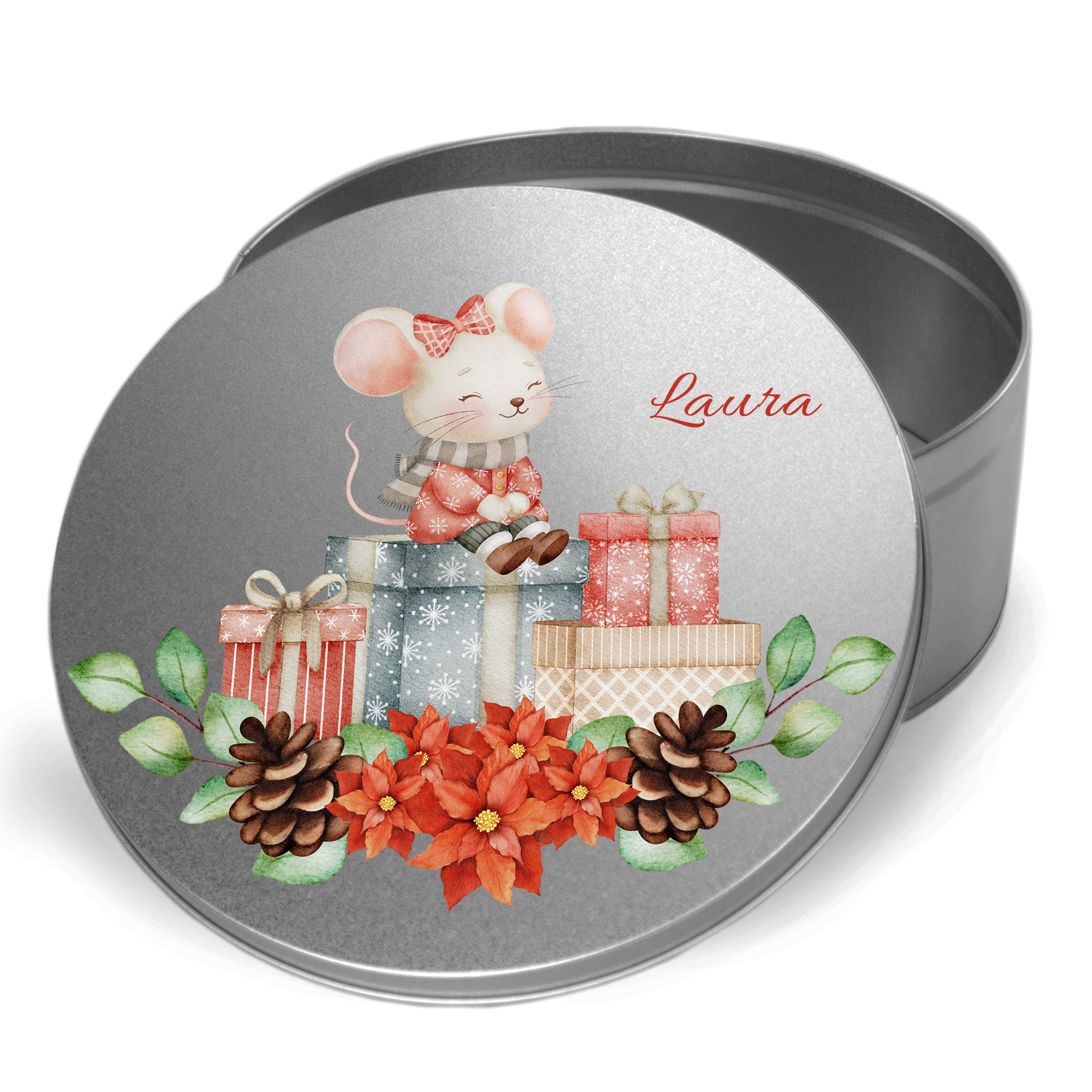 Runde, silberne Dose mit Maus, Geschenken und Weihnachtsblumen.