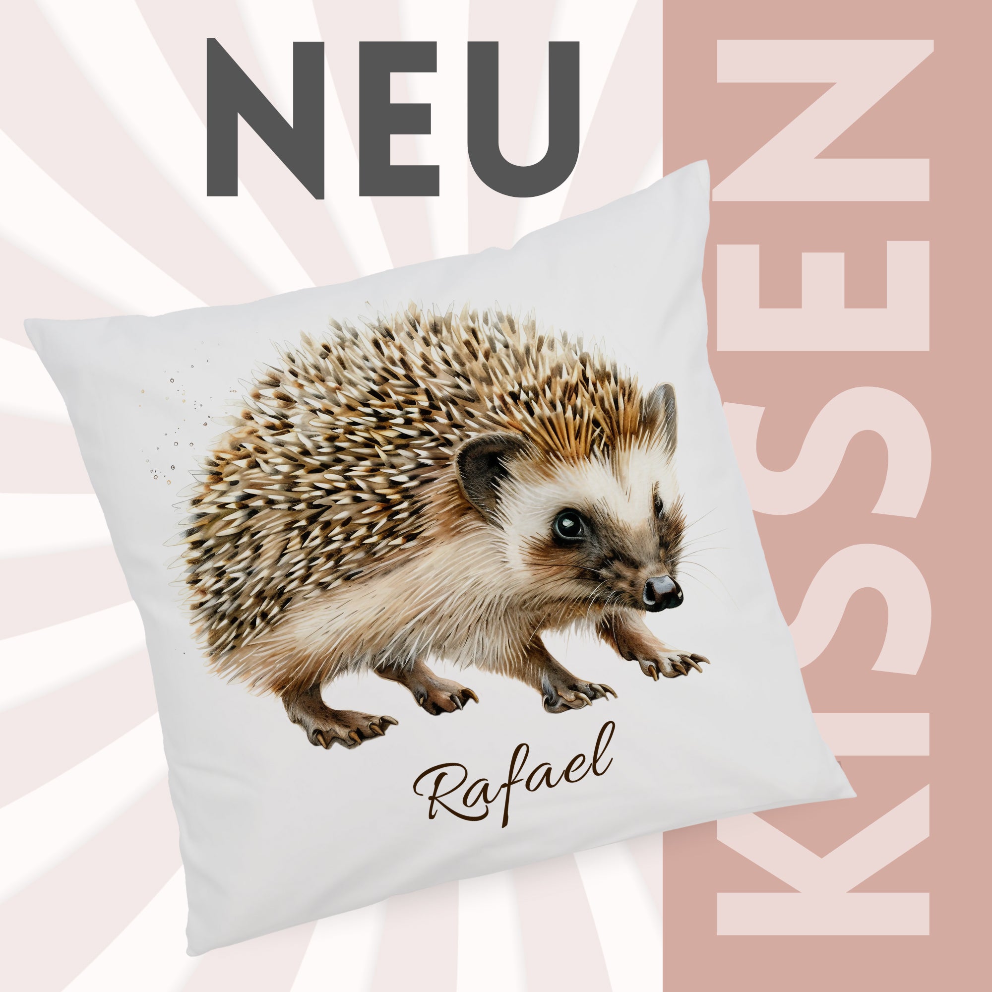 Kissenbezug mit Igelmotiv und Wunschname vor grafischem Hintergrund