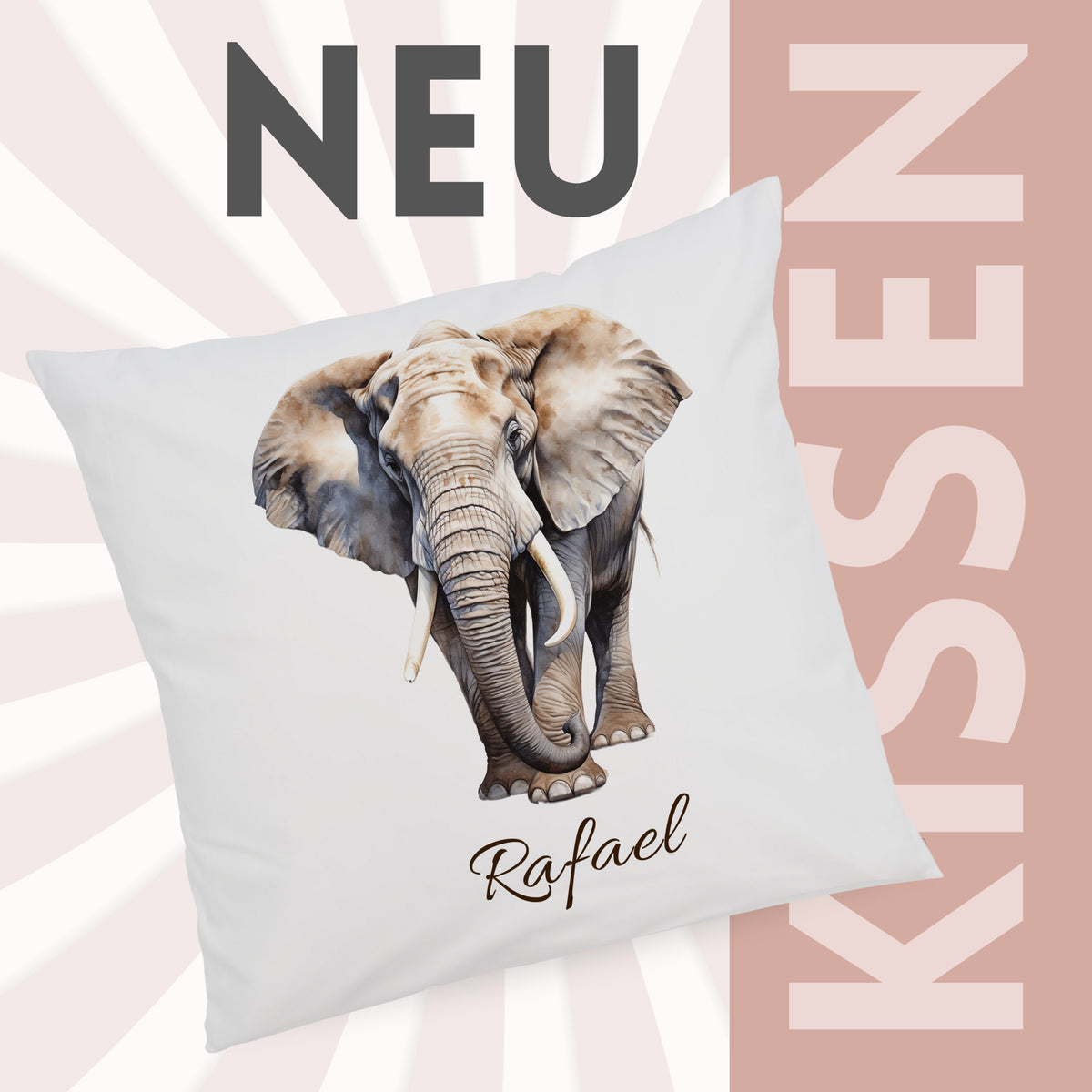Kissenbezug mit Elefantenmotiv und Wunschname vor grafischem „Neues Zuhause“-Hintergrund