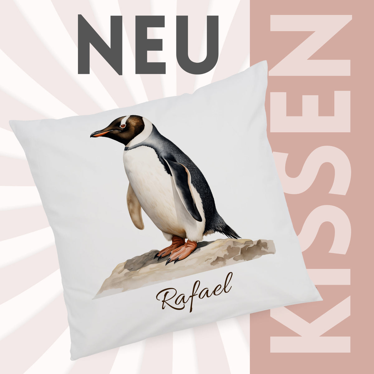 Kissenbezug mit Pinguinmotiv und Wunschname vor grafischem „Neues Zuhause“-Hintergrund