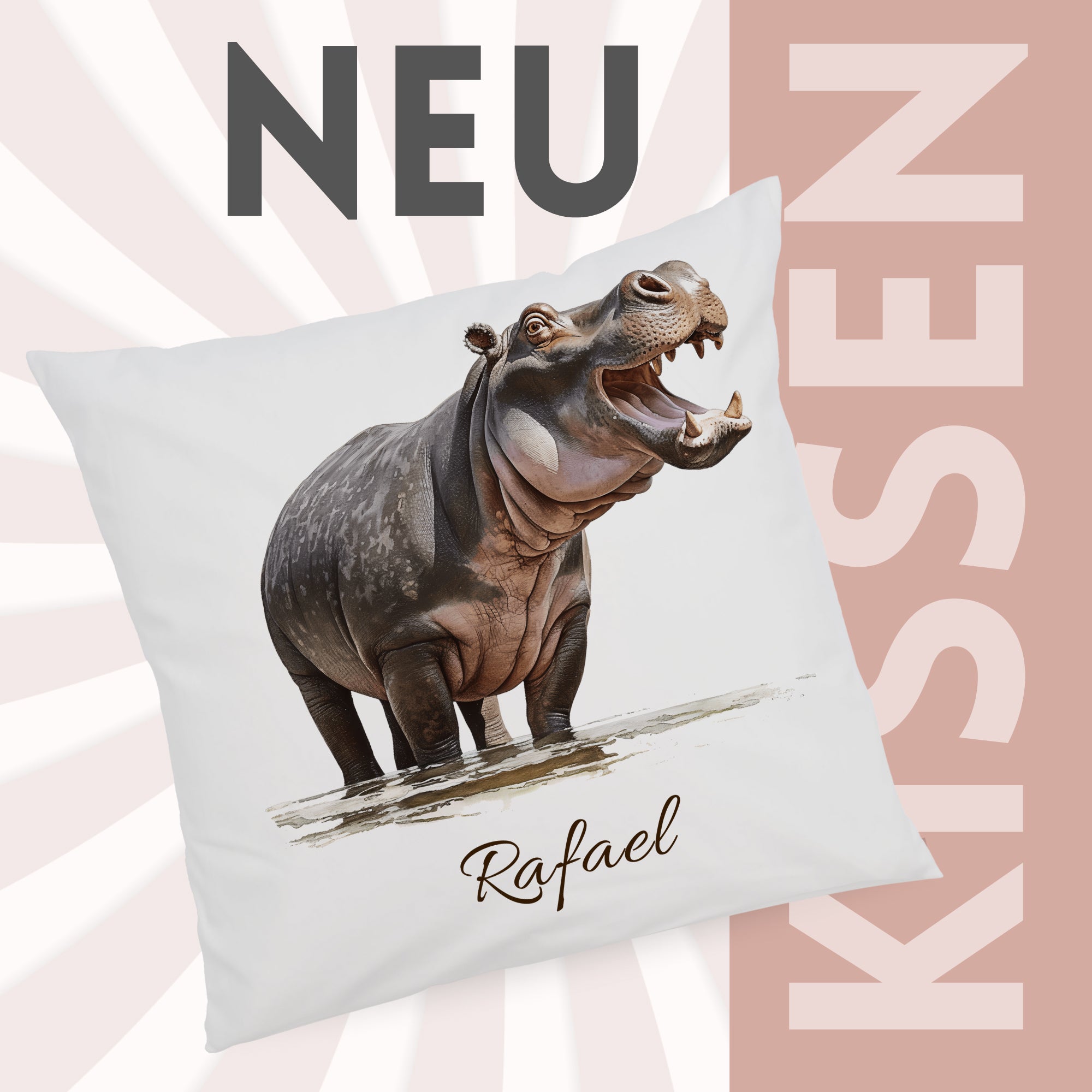 Kissenbezug mit Nilpferdmotiv und Wunschname vor grafischem Hintergrund