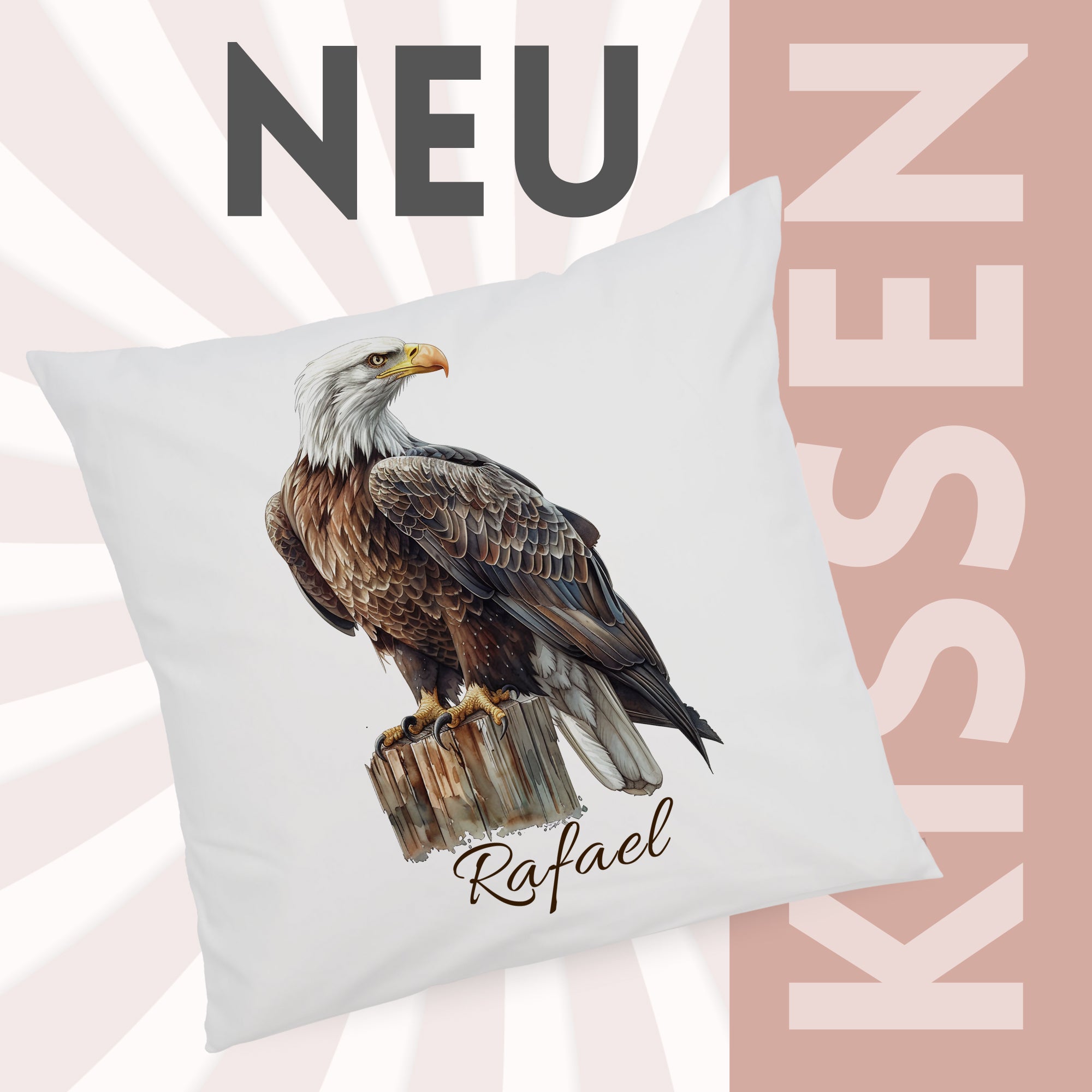 Kissenbezug mit Adlermotiv und Wunschname vor grafischem Hintergrund