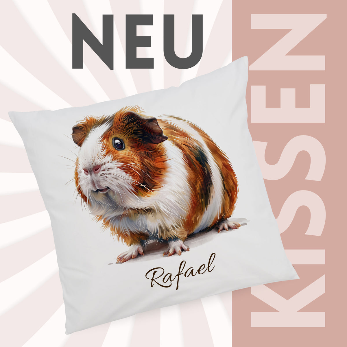 Kissenbezug mit Meerschweinchenmotiv und Wunschname vor grafischem Hintergrund