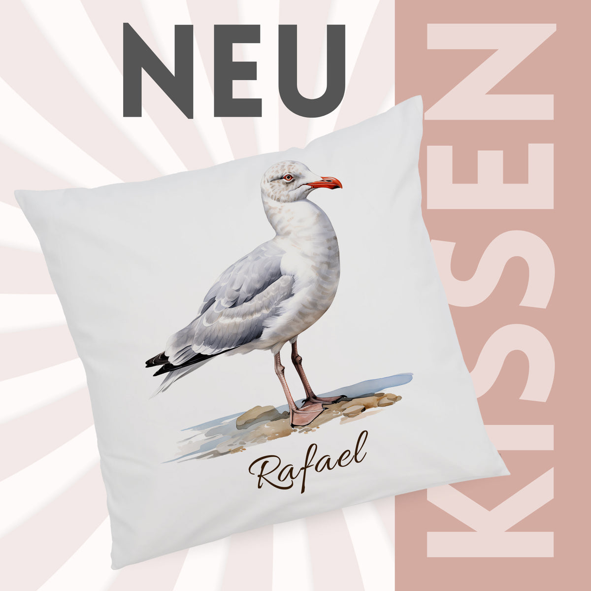 Kissenbezug mit Möwenmotiv und Wunschname vor grafischem Hintergrund