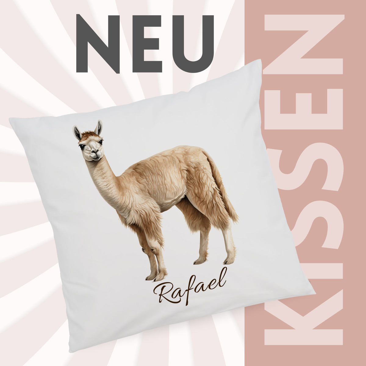 Kissenbezug mit Lamamotiv und Wunschname vor grafischem Hintergrund