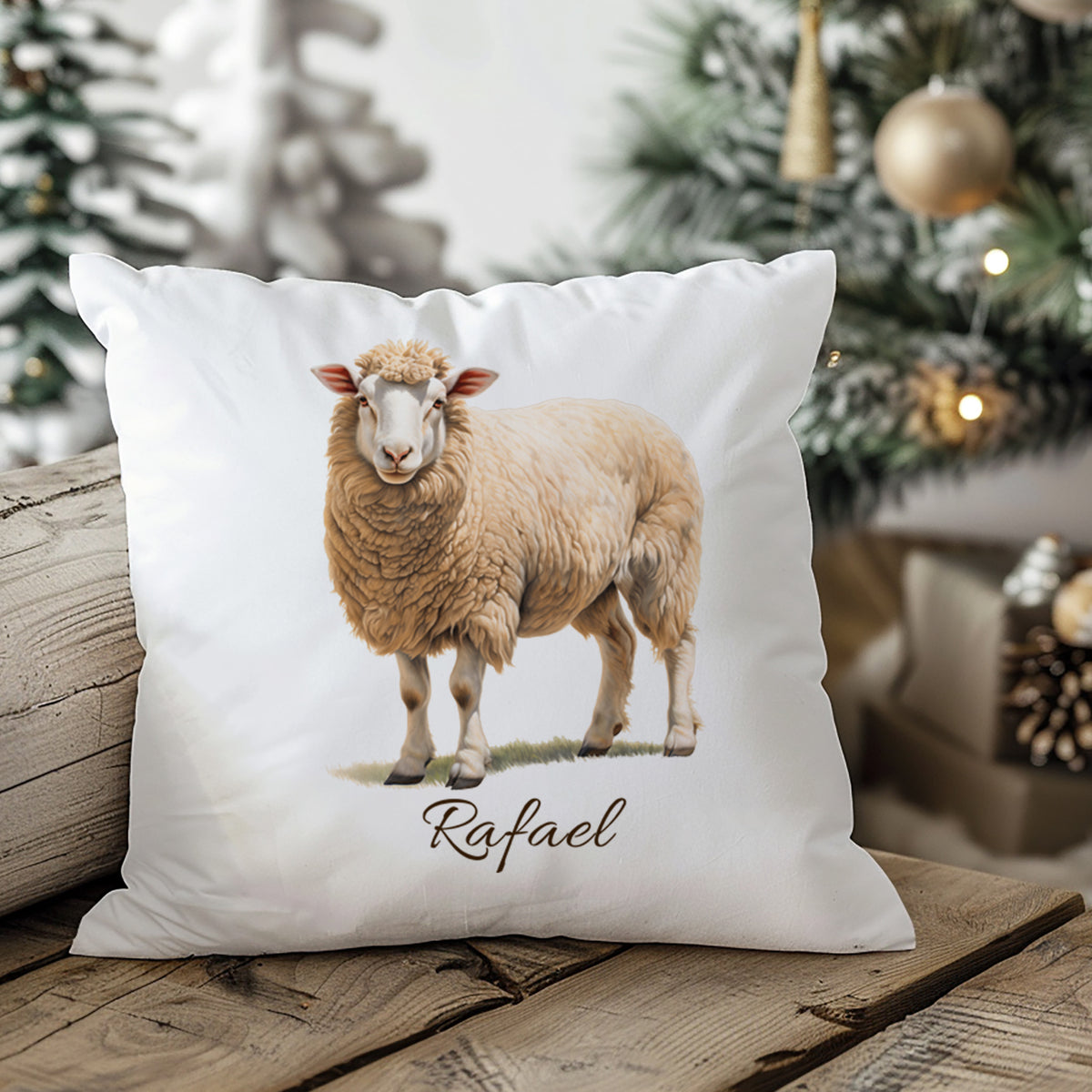 Kissenbezug mit Schafmotiv und Wunschname in weihnachtlicher Wohnszene