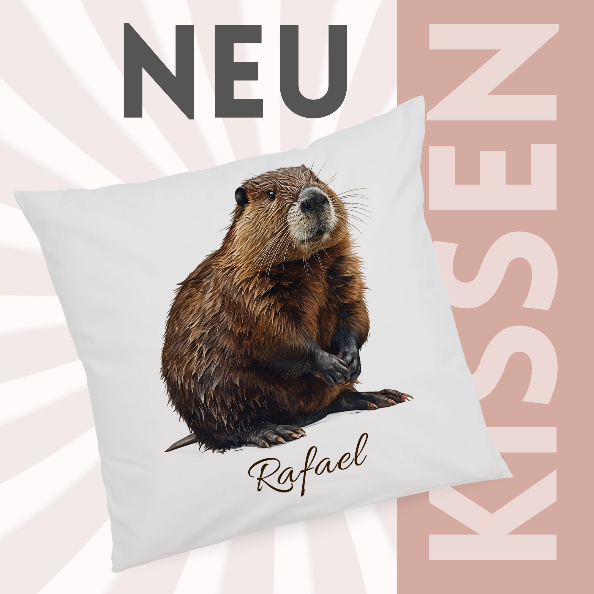 Kissenbezug mit Bibermotiv und Wunschname vor grafischem Hintergrund