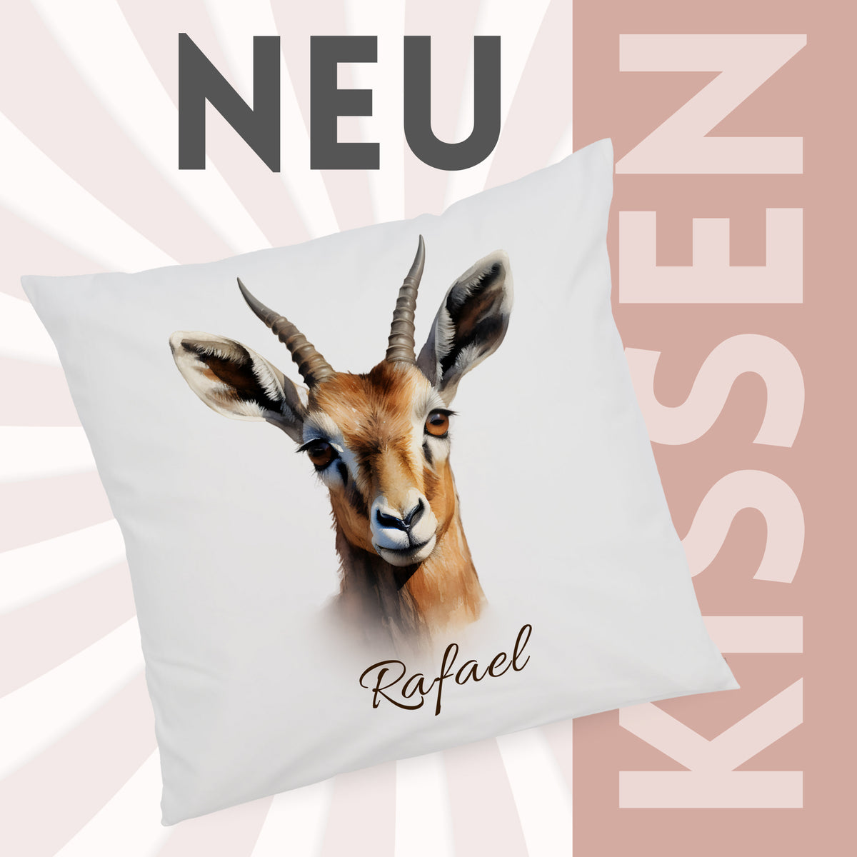 Kissenbezug mit Gazellenmotiv und Wunschname vor grafischem Hintergrund