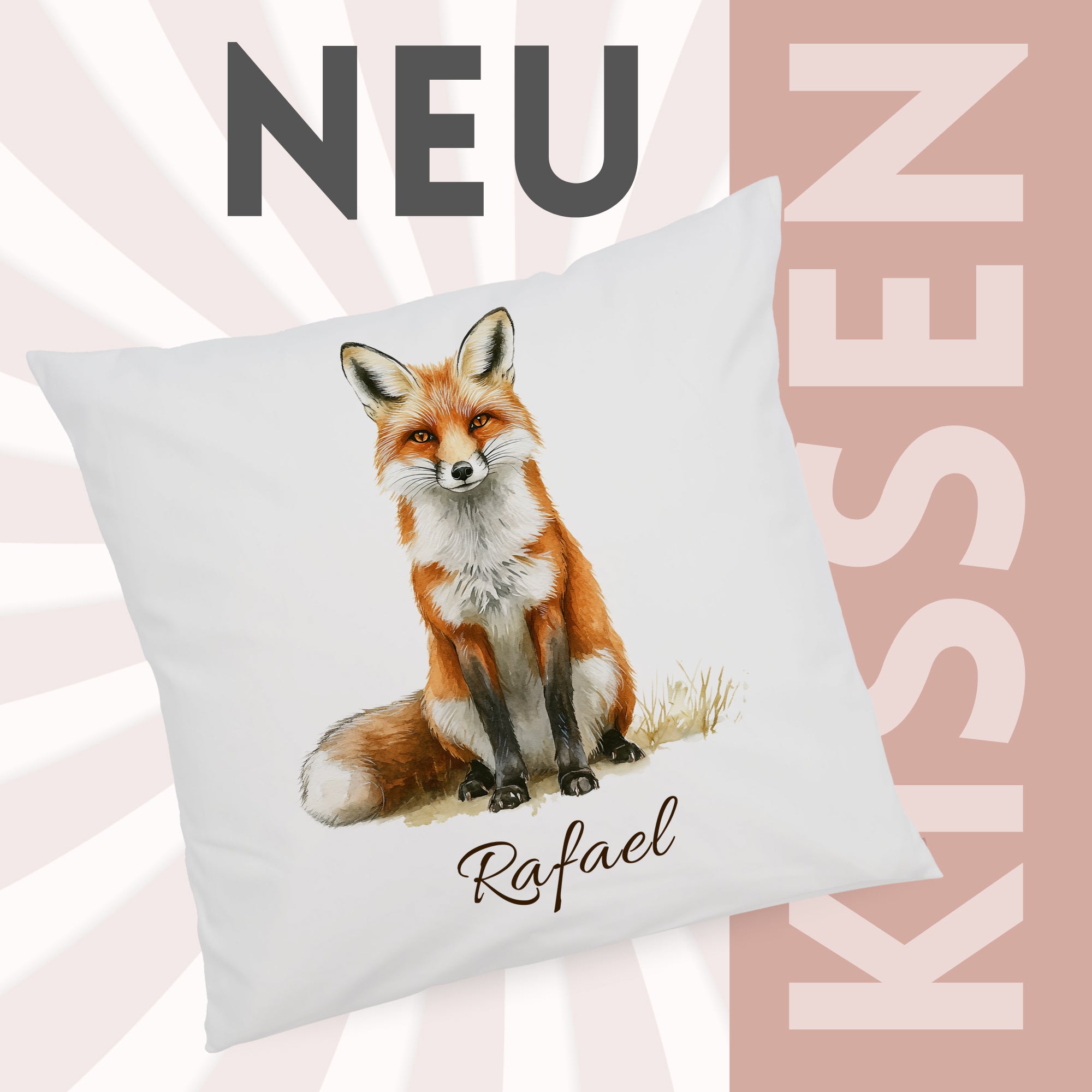 Kissenbezug mit Fuchsmotiv und Wunschname vor grafischem Hintergrund
