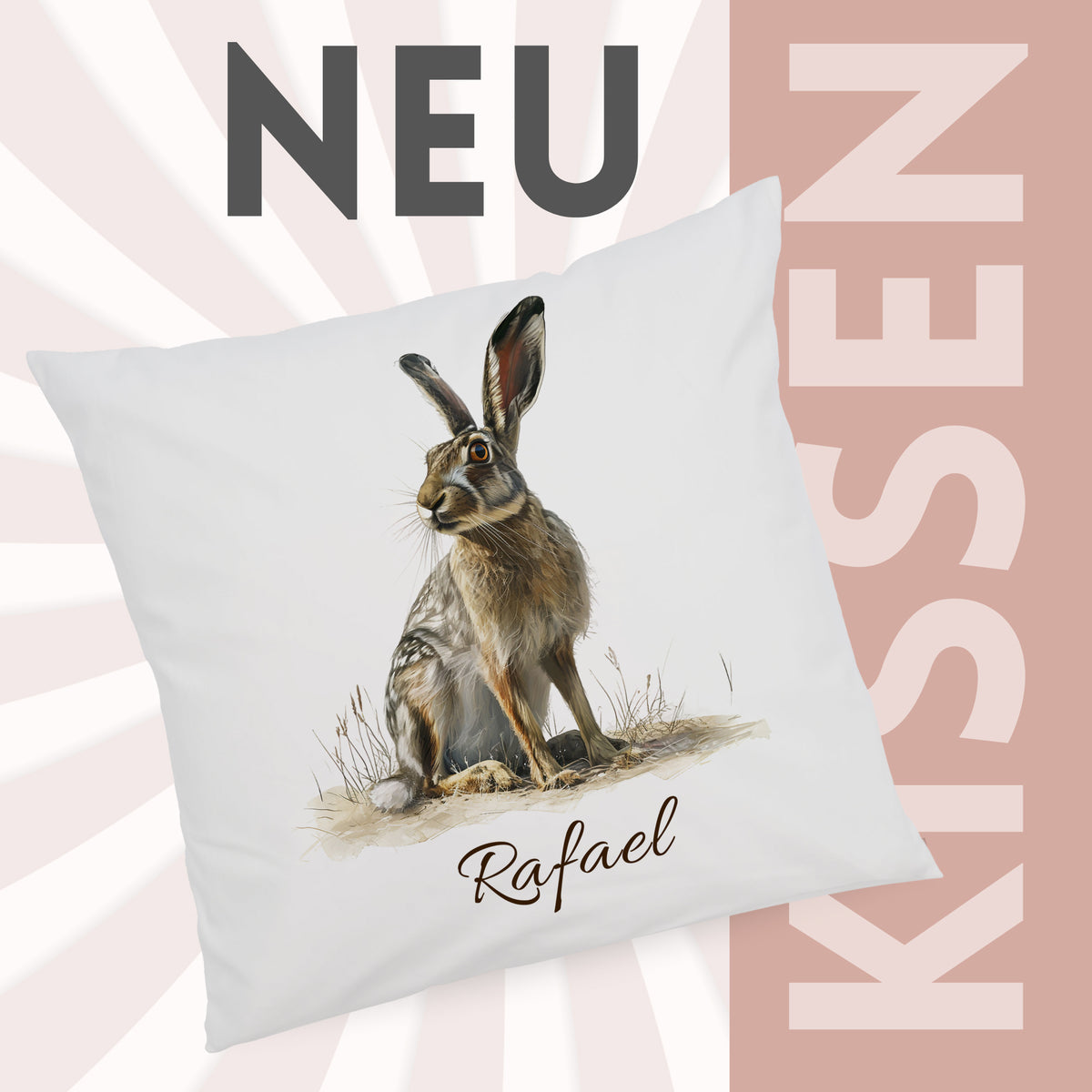 Kissenbezug mit Hasenmotiv und Wunschname vor grafischem Hintergrund