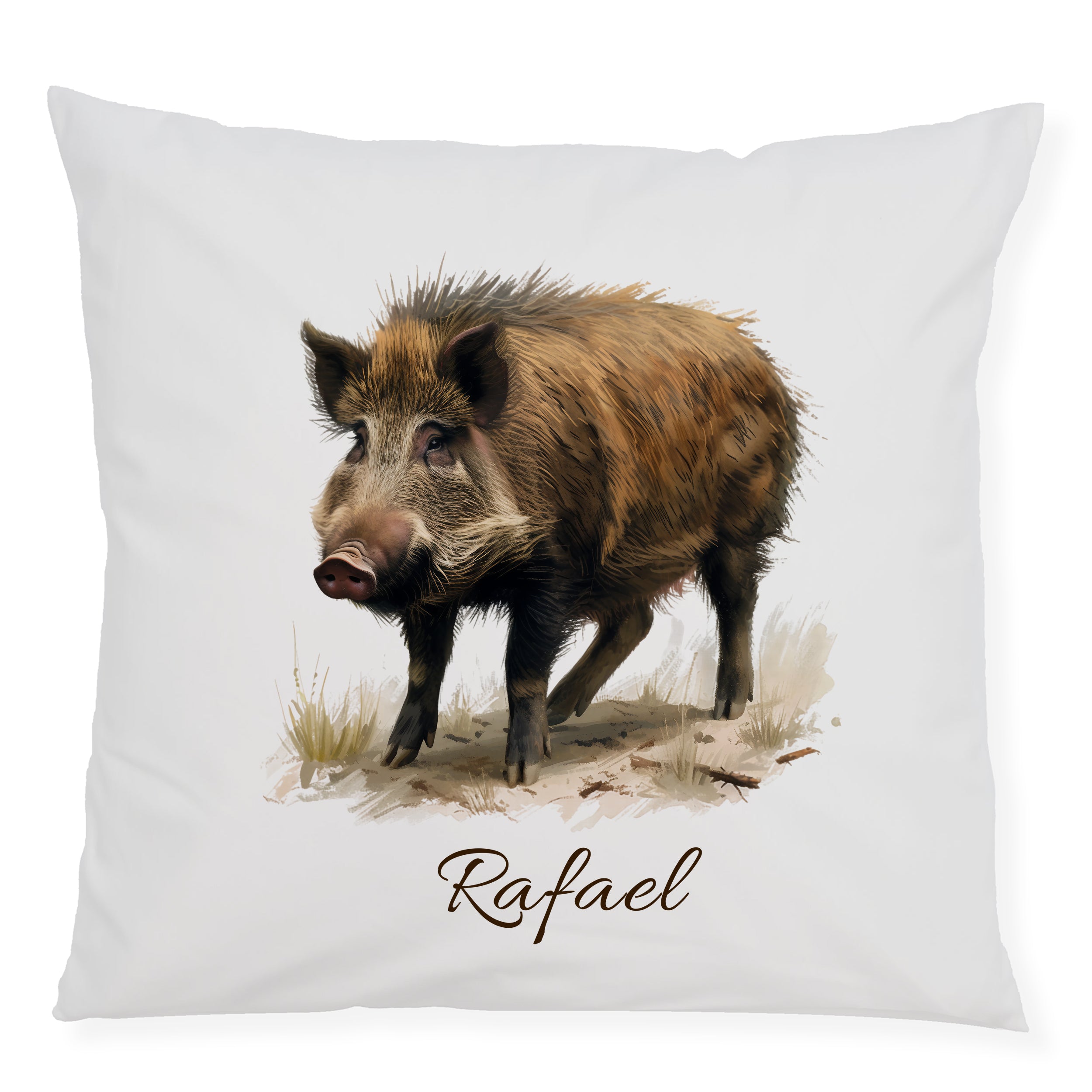 Kissenbezug mit Wildschweinmotiv und Wunschname auf weißem Hintergrund