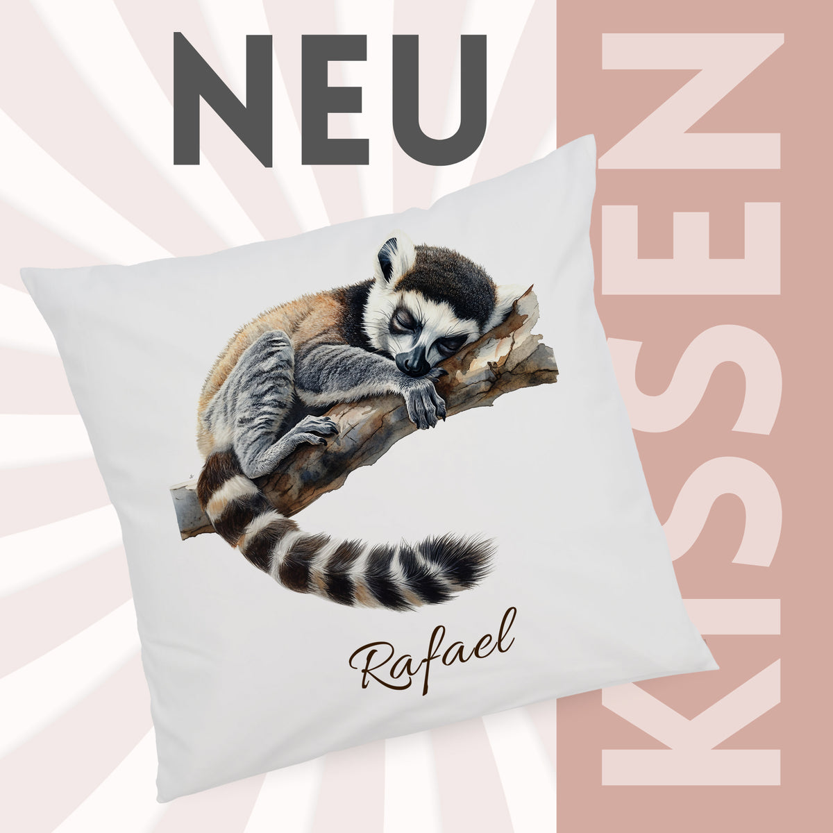 Kissenbezug mit schlafendem Lemurenmotiv und Wunschname vor grafischem Hintergrund