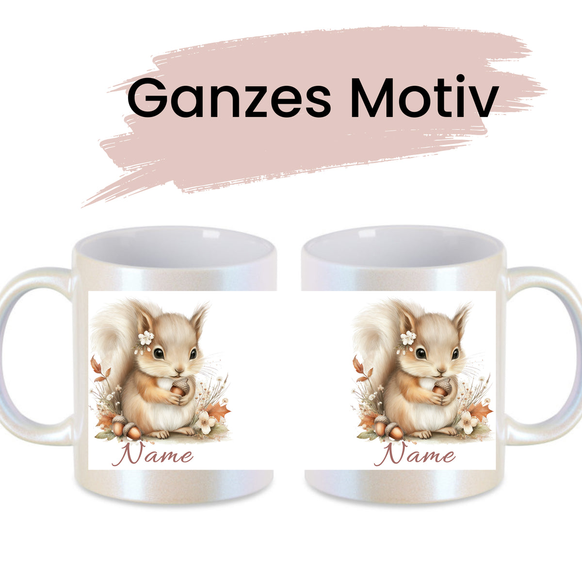 Kaffeetassen mit Eichhörnchen-Motiv und personalisierbarem Namen.