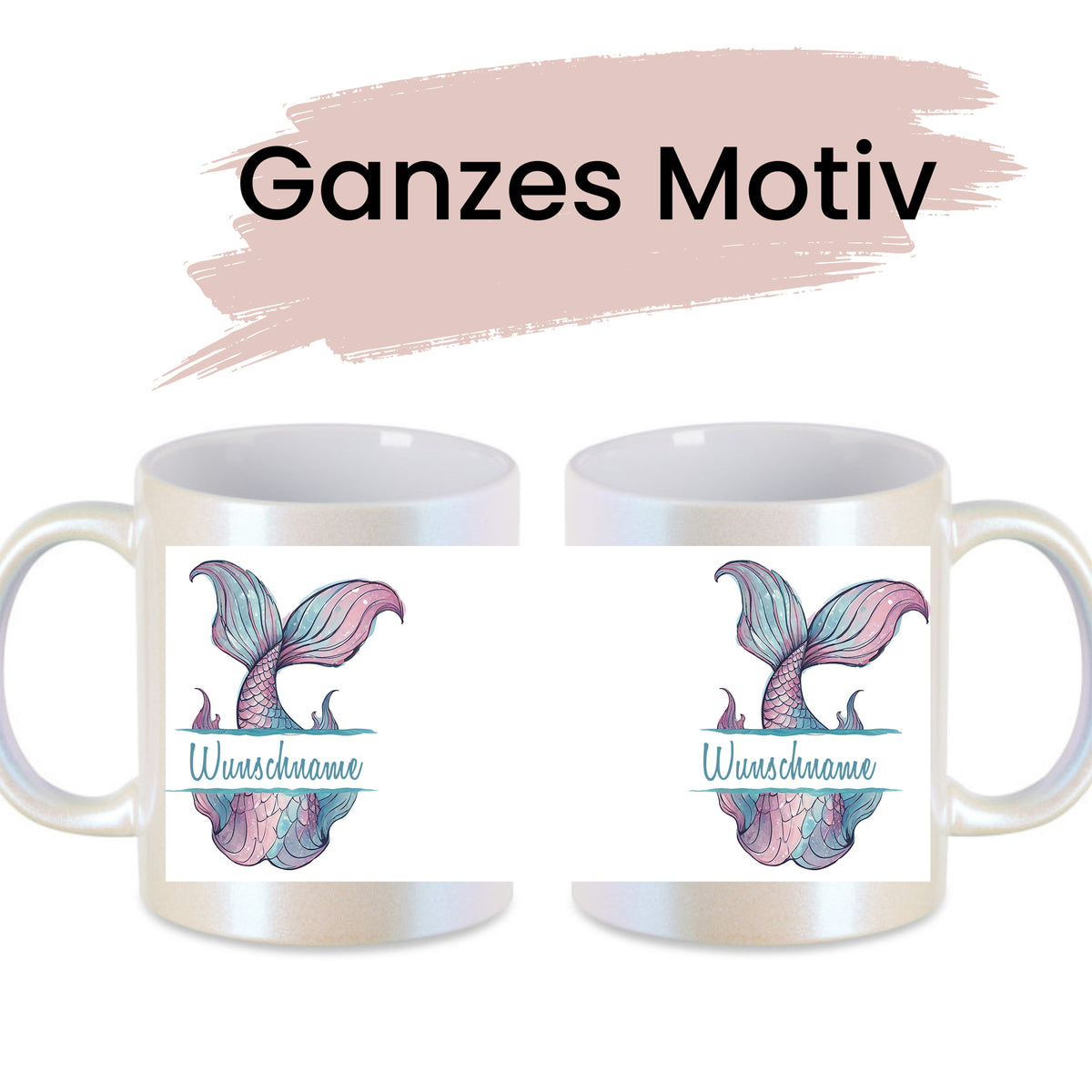 Tasse mit buntem Meerjungfrauenmotiv und Wunschname.