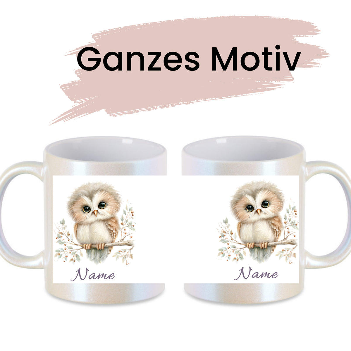 Kaffeetassen mit Eule und personalisierbarem Namen.