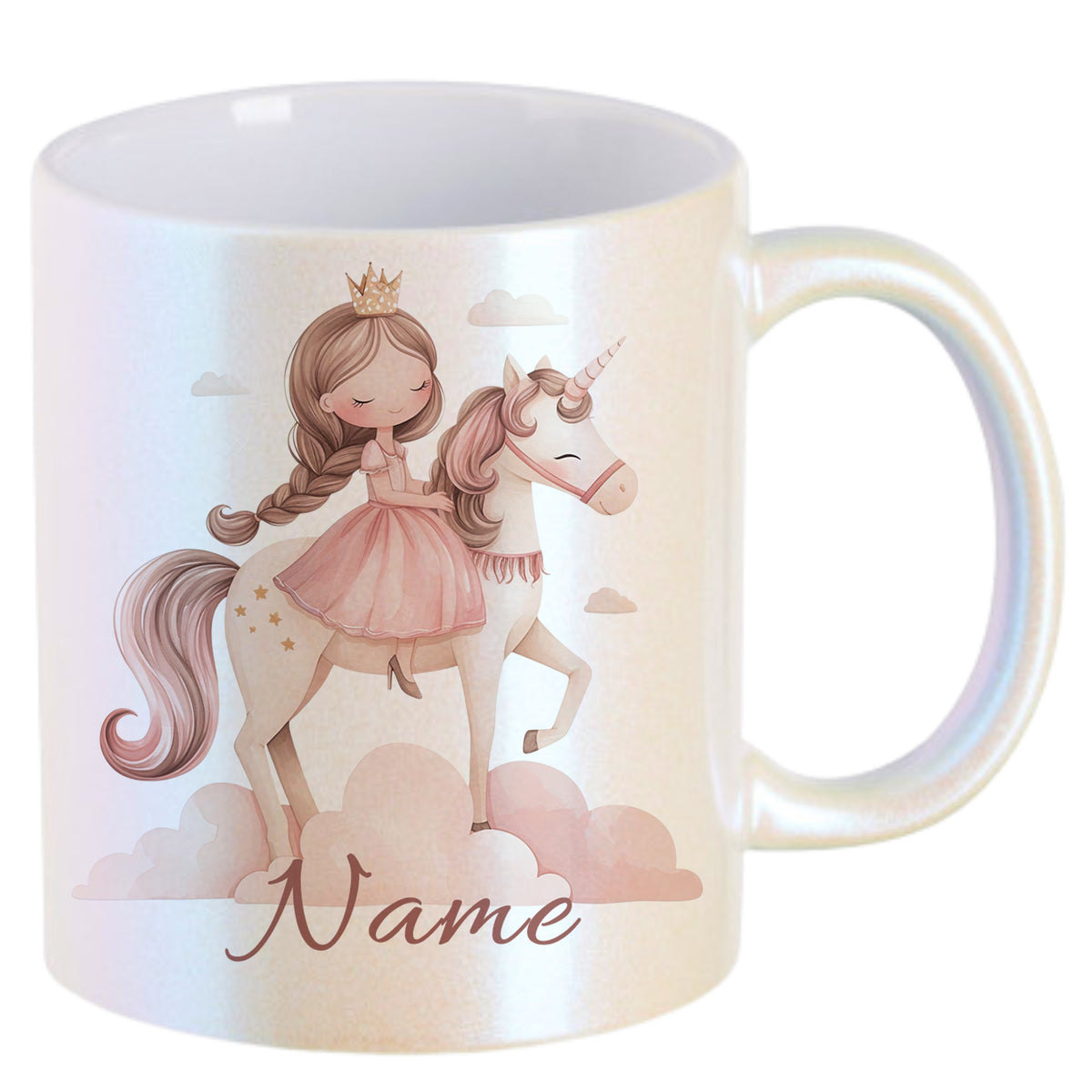 Holografische Tasse mit Einhorn und Mädchen in Rosa.
