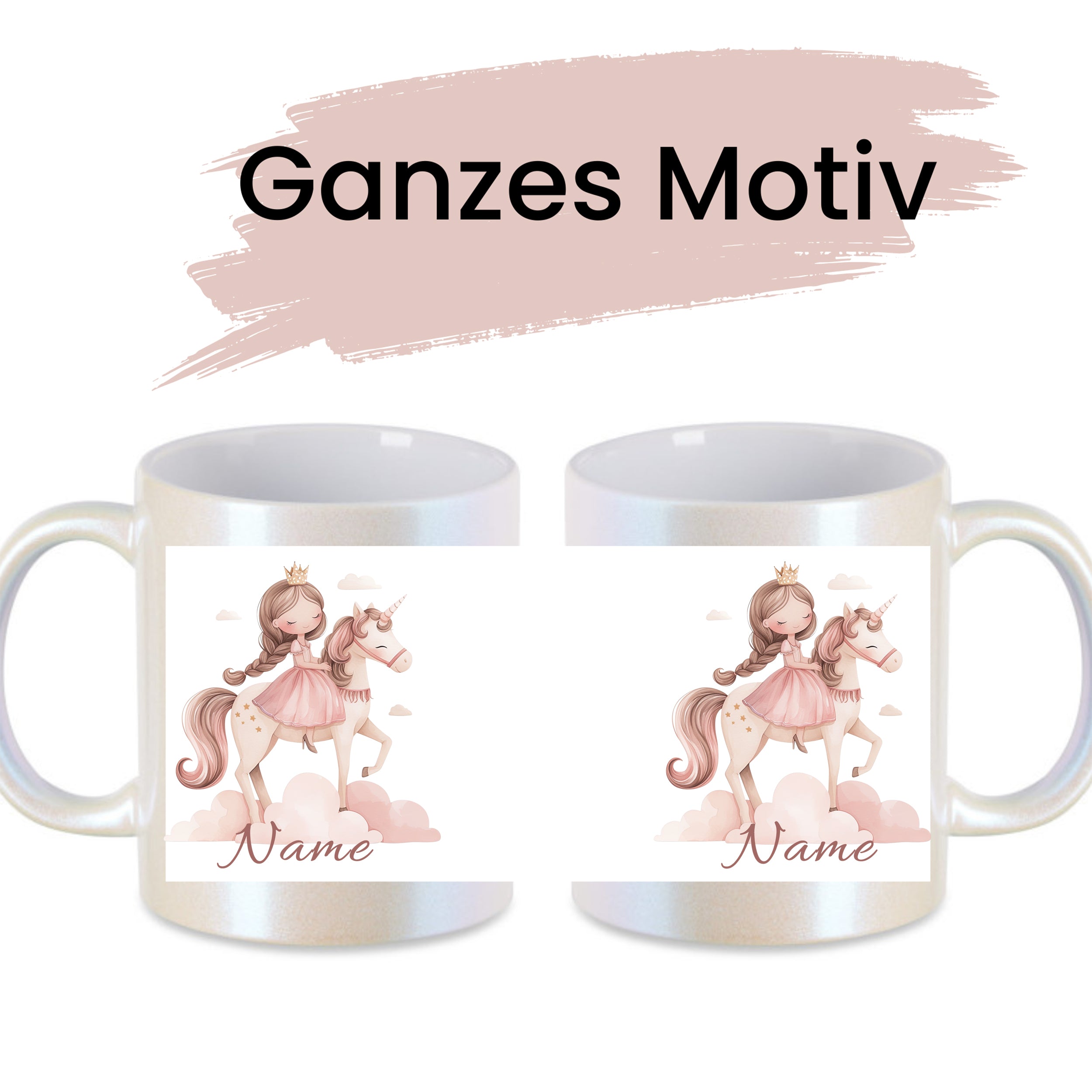 Weiße Tasse mit Einhorn-Motiv und personalisierbarem Namen.