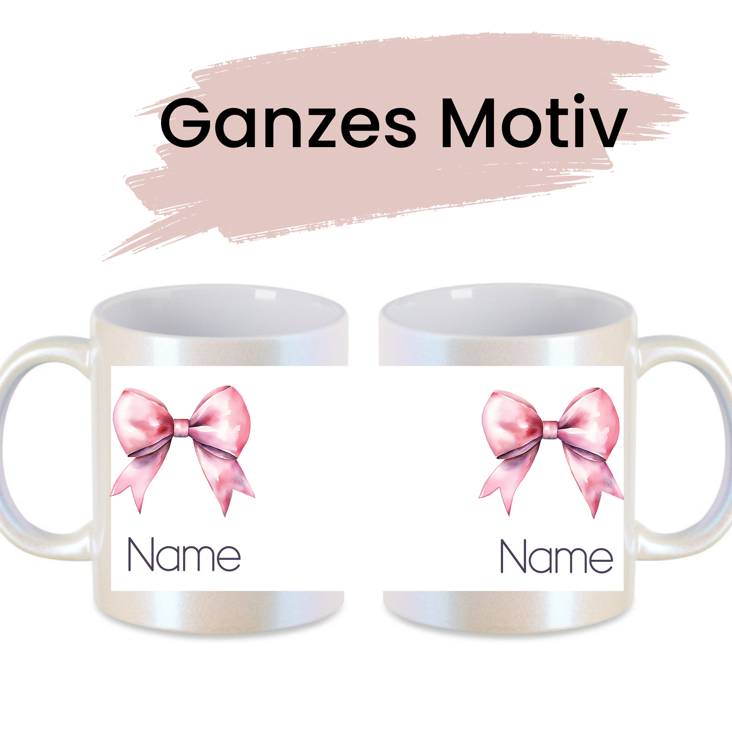 Tassen mit rosa Schleifen und personalisierbarem Namen.
