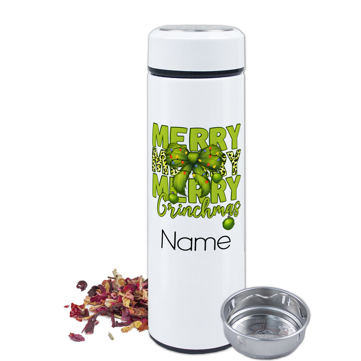 Weißer Thermobecher mit grünem Weihnachtsdesign und Teesieb.