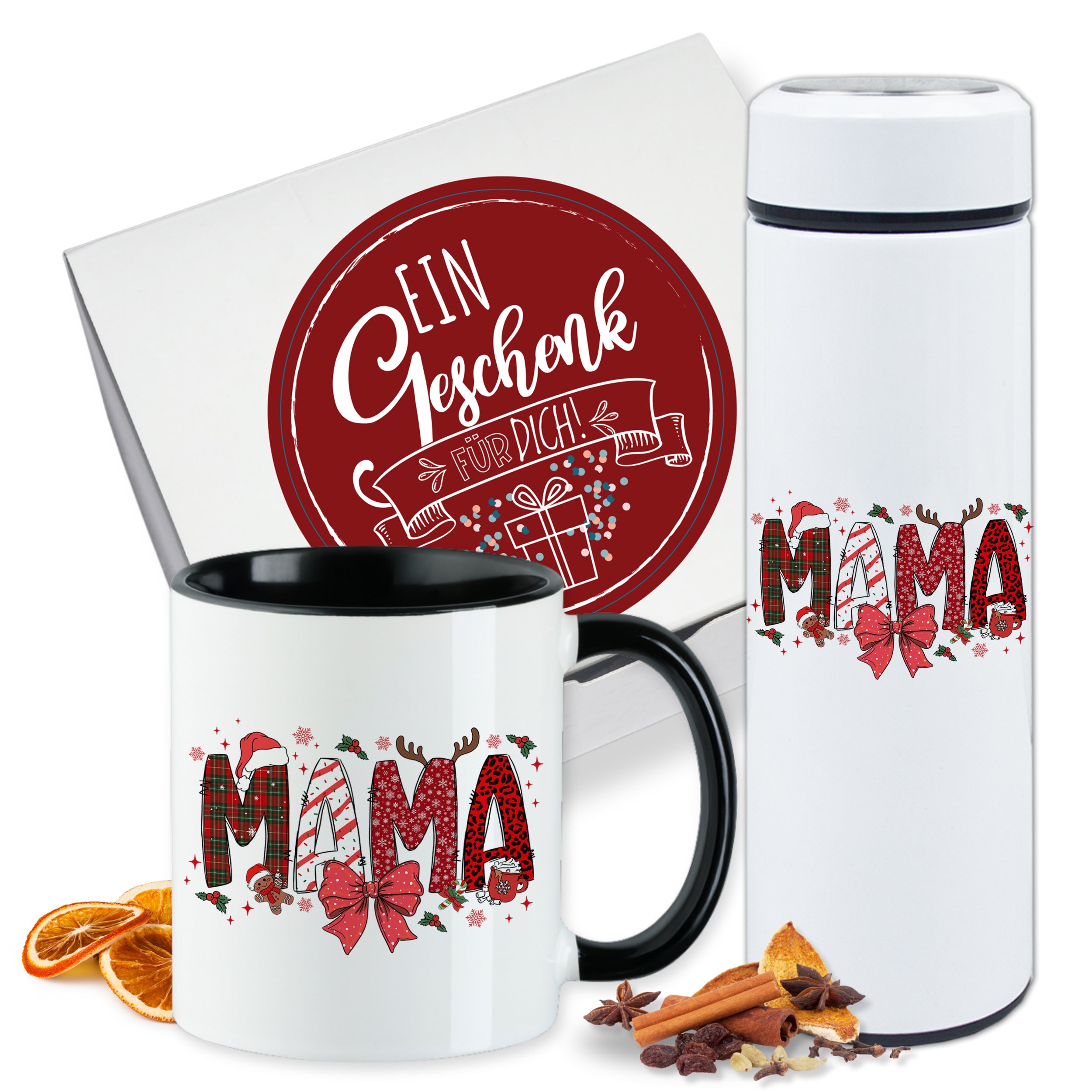 Weißer Becher und Thermosflasche mit "MAMA"-Motiv.