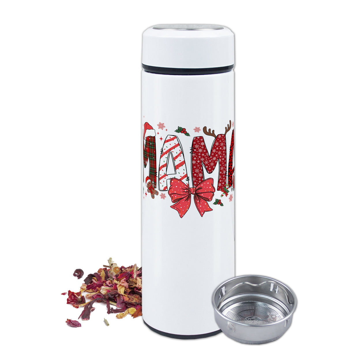 Weiße Thermosflasche mit "MAMA"-Motiv und Teesieb.