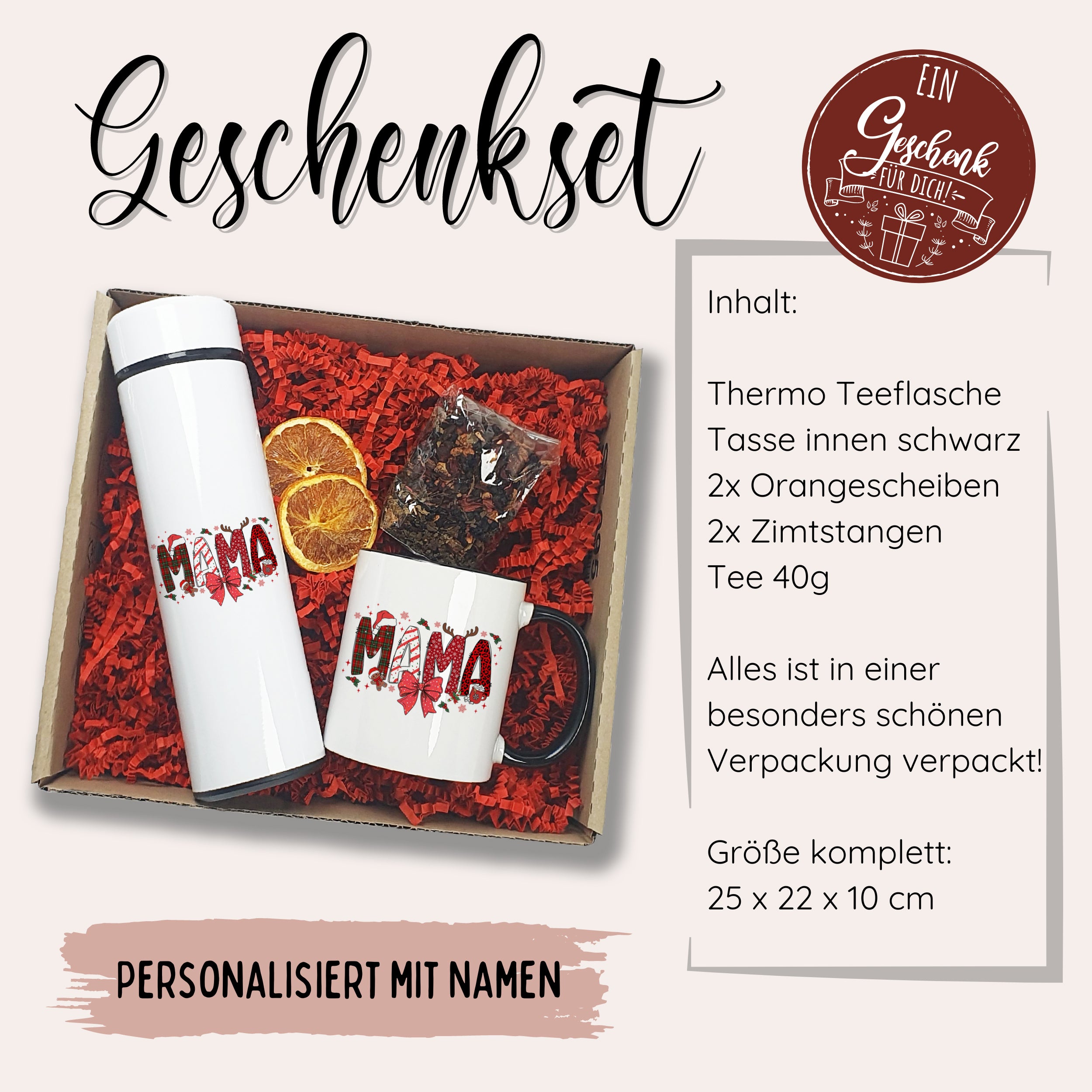 Geschenkset mit Thermo-Tee- und Kaffeetasse, personalisiert.